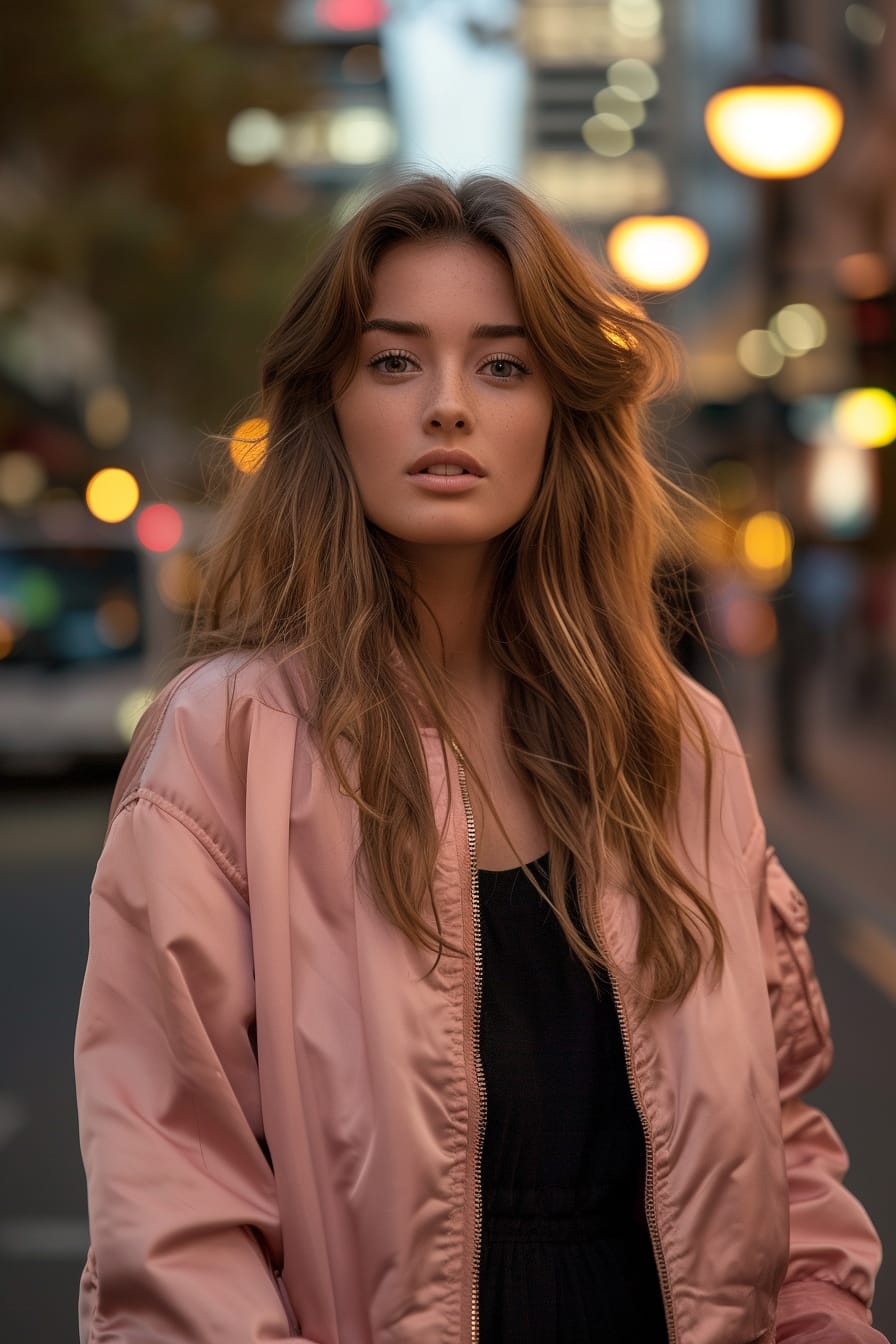 A young woman with long, light brown hair, wearing a pastel pink bomber jacket over a black midi dress, standing on a city street at dusk, streetlights beginning to glow.