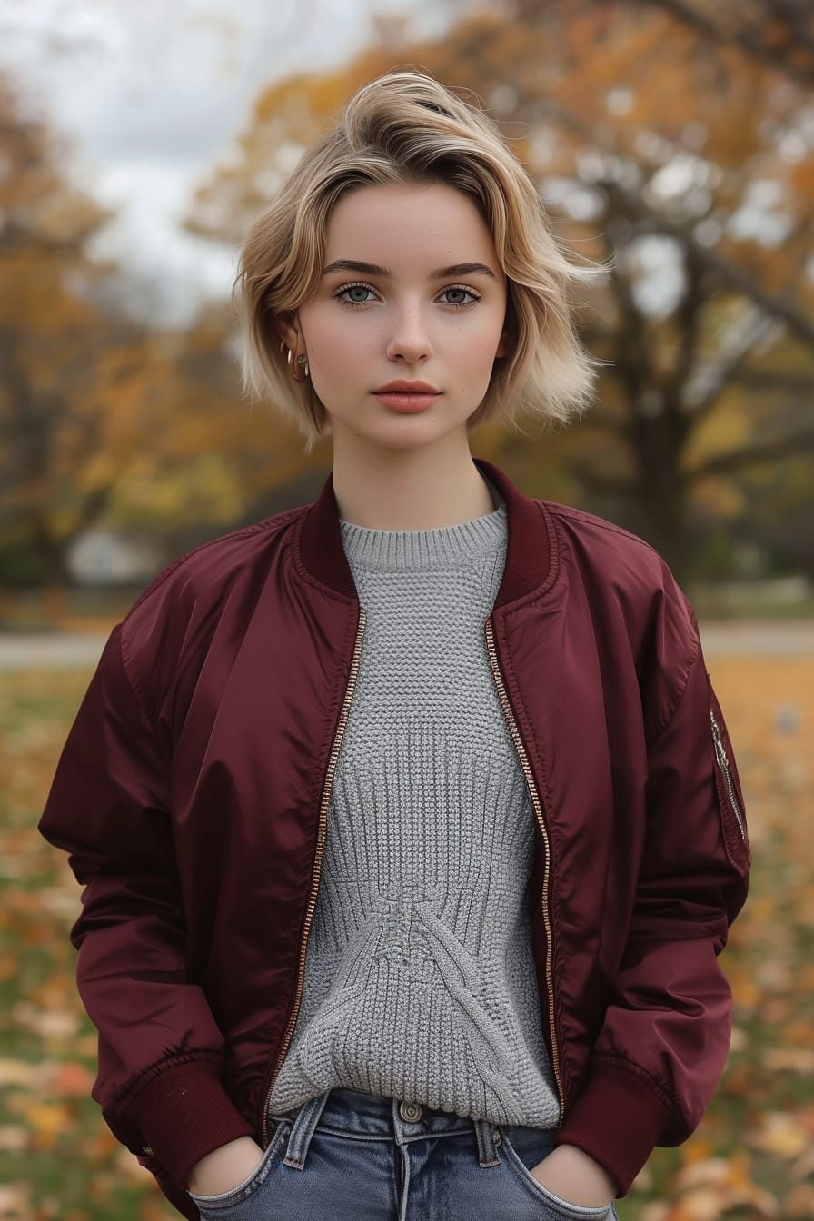  A young woman with short blonde hair, layering a deep burgundy bomber jacket over a light gray knit sweater, standing in a park with autumn leaves, overcast sky.