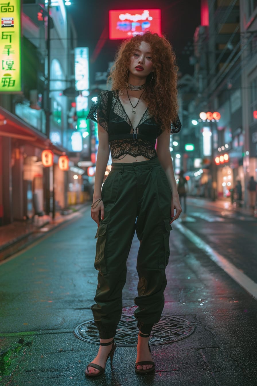 A full-length image of a young woman with curly red hair, wearing dark green cargo pants, a black lace top, and high-heeled sandals, standing on a neon-lit city street at night.