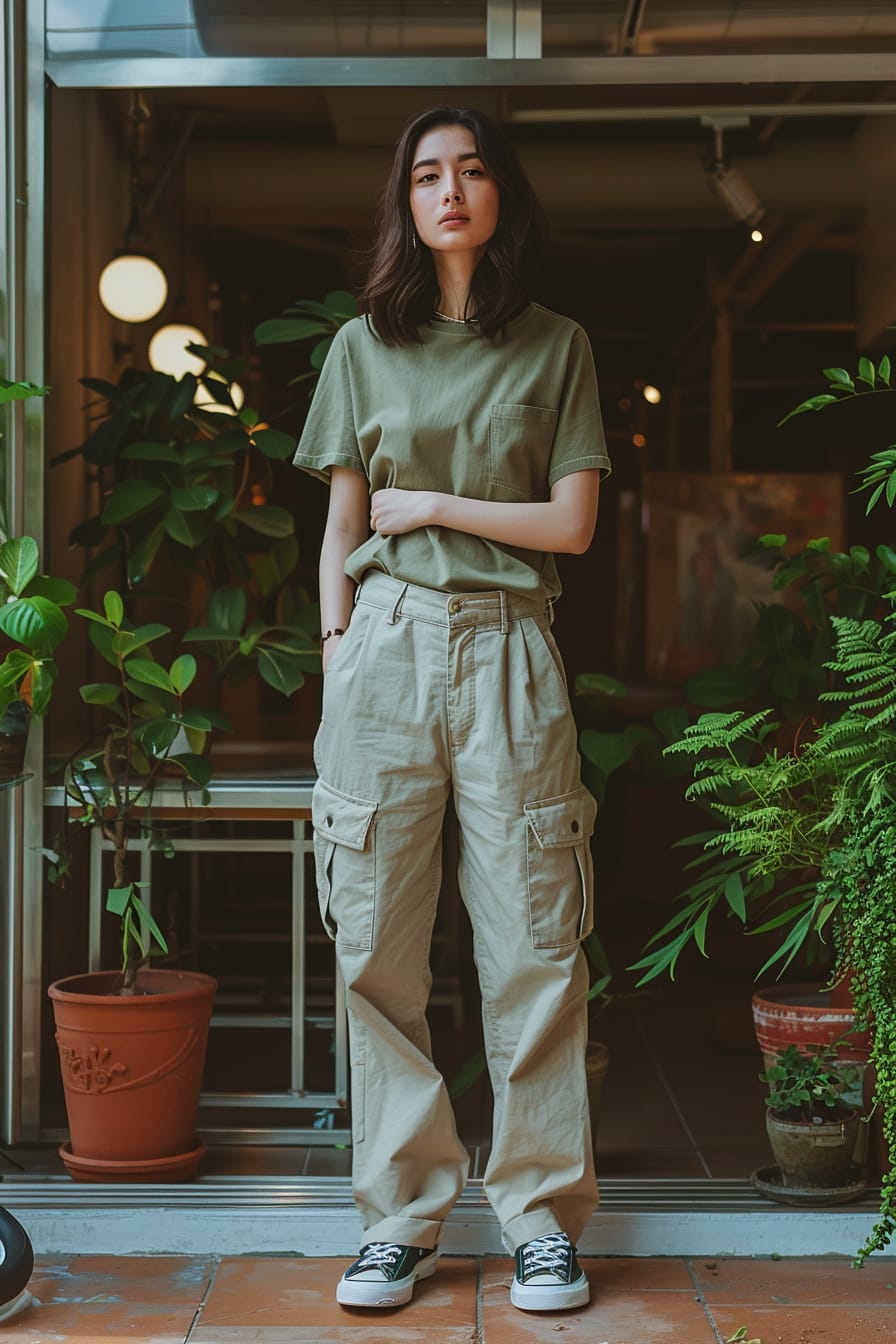 A full-length image of a young woman with medium-length dark hair, wearing recycled fabric cargo pants in a natural tan color, a green eco-friendly t-shirt, and vegan leather sneakers, standing in front of an urban cafe with green plants, bright morning light.