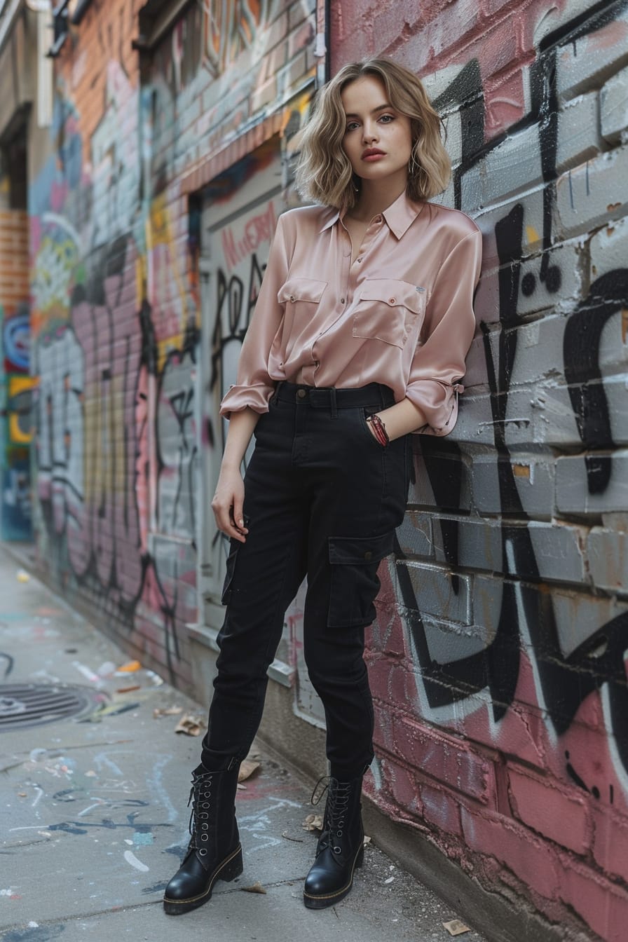 A full-length image of a young woman with short, wavy hair, wearing sleek black cargo pants, a silky blush blouse, and black ankle boots, leaning against a graffiti-covered wall in an urban alley, early evening.