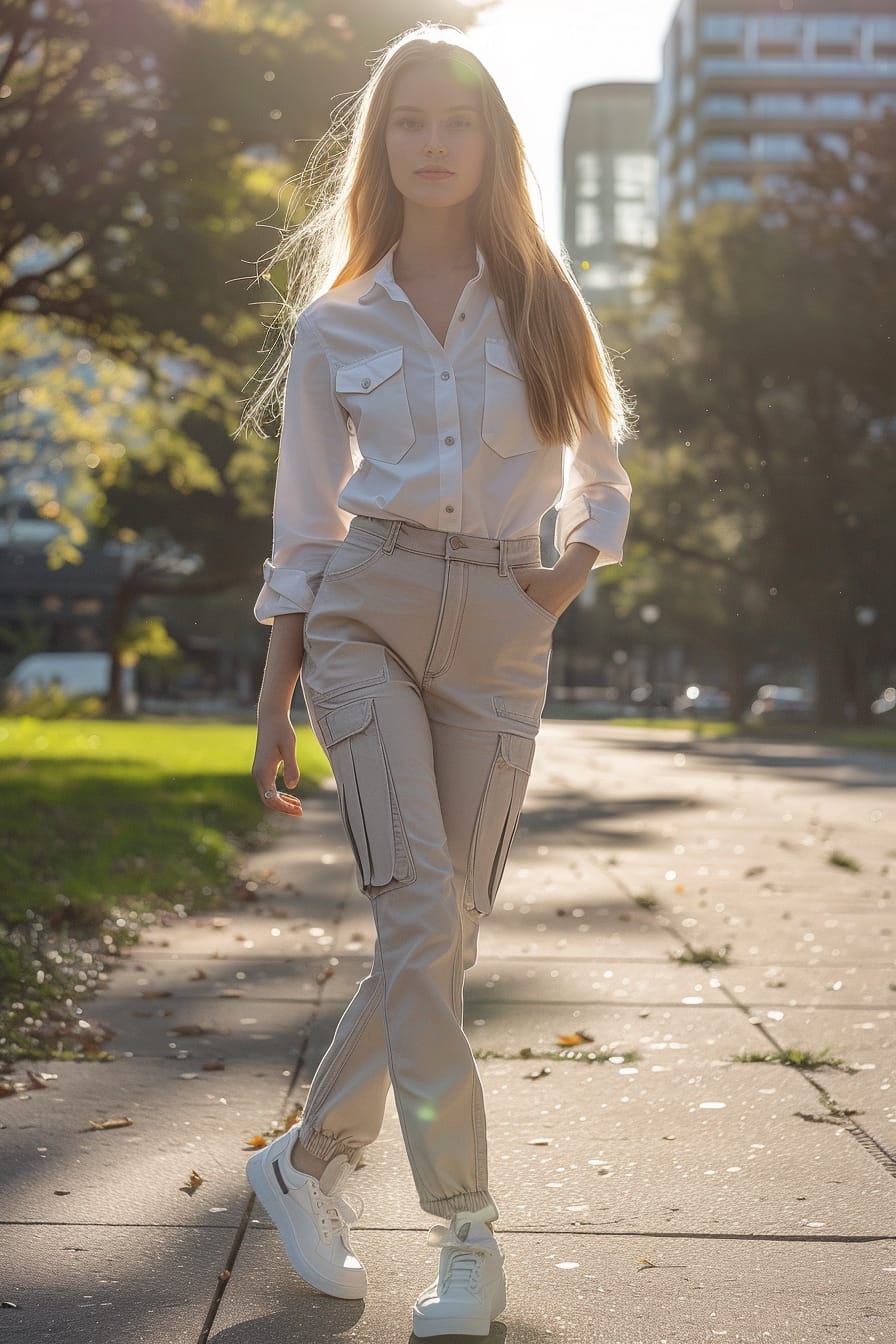A full-length image of a young woman with long, straight blonde hair, wearing light beige cargo pants with a crisp, white button-down shirt, and white sneakers, walking through a sunlit urban park, mid-morning.