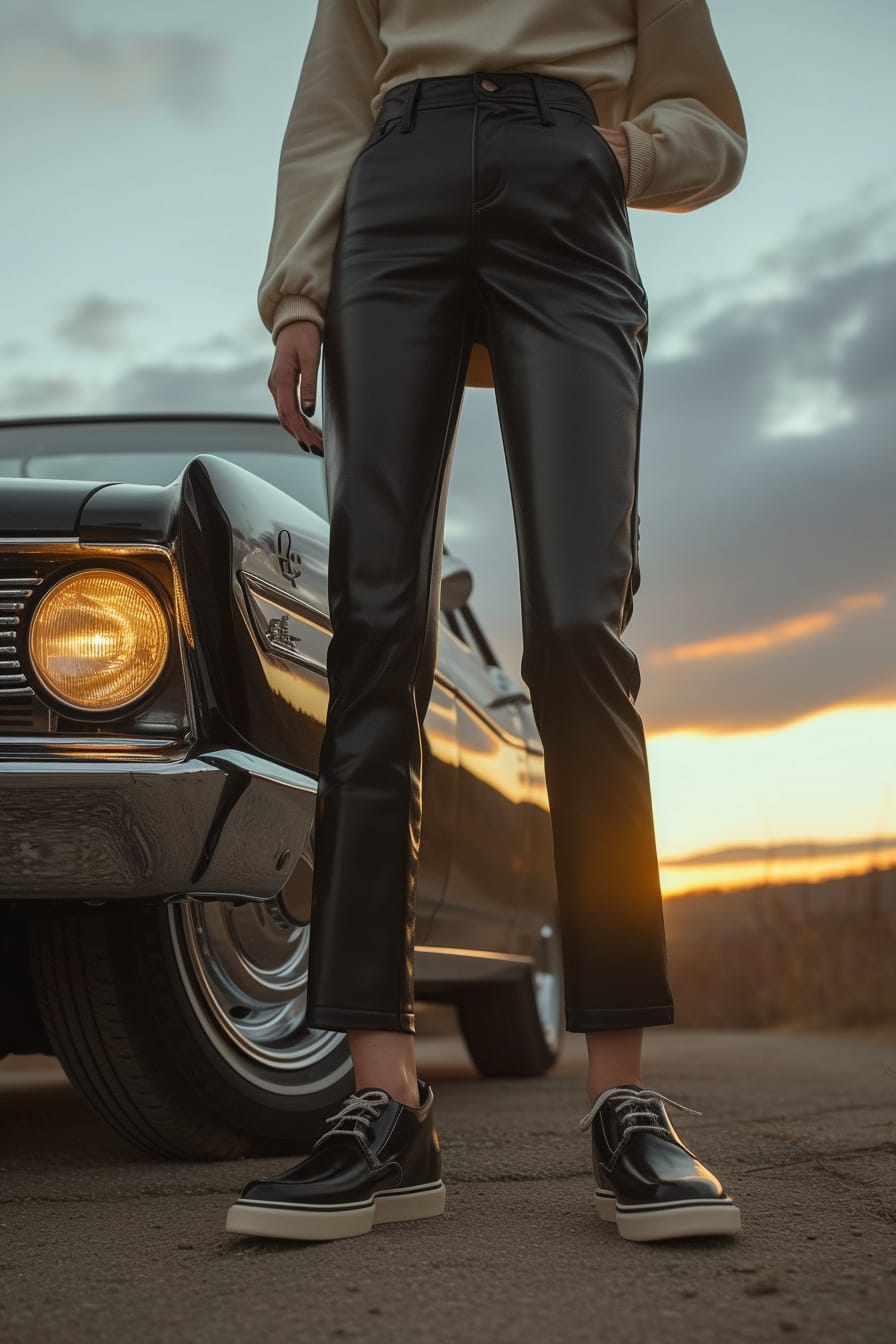  A woman standing by a vintage car at sunset, wearing classic black Oxfords, capturing the timeless elegance and enduring style of the shoe.