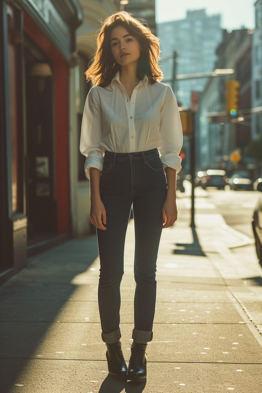  A young woman standing confidently in a sunlit urban street, wearing dark blue jeans, a crisp white button-down shirt, and polished black Oxford shoes.