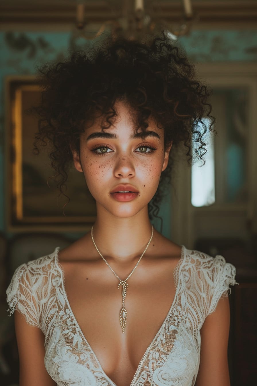  A young woman with soft, curly hair, wearing an elegant boho-inspired necklace with a delicate lace dress, standing in a dimly lit, vintage-inspired room.