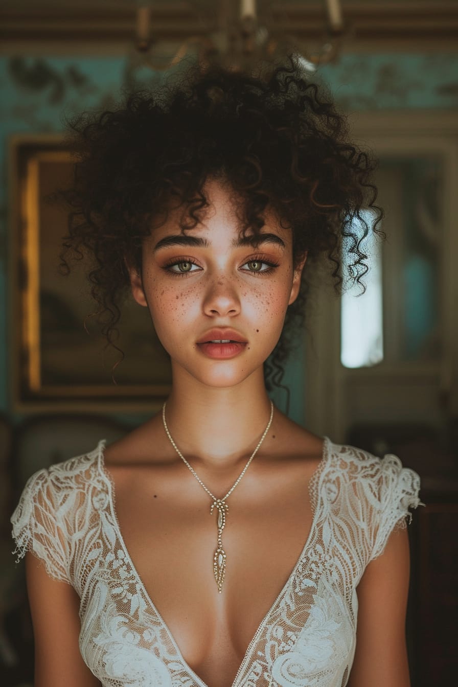 A young woman with soft, curly hair, wearing an elegant boho-inspired necklace with a delicate lace dress, standing in a dimly lit, vintage-inspired room.