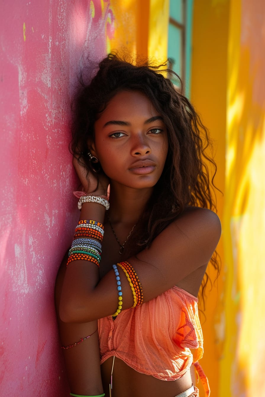  A young woman with sun-kissed skin, wearing a mix of beaded bracelets and bangles, casually leaning against a bright, painted wall, late afternoon sunlight.