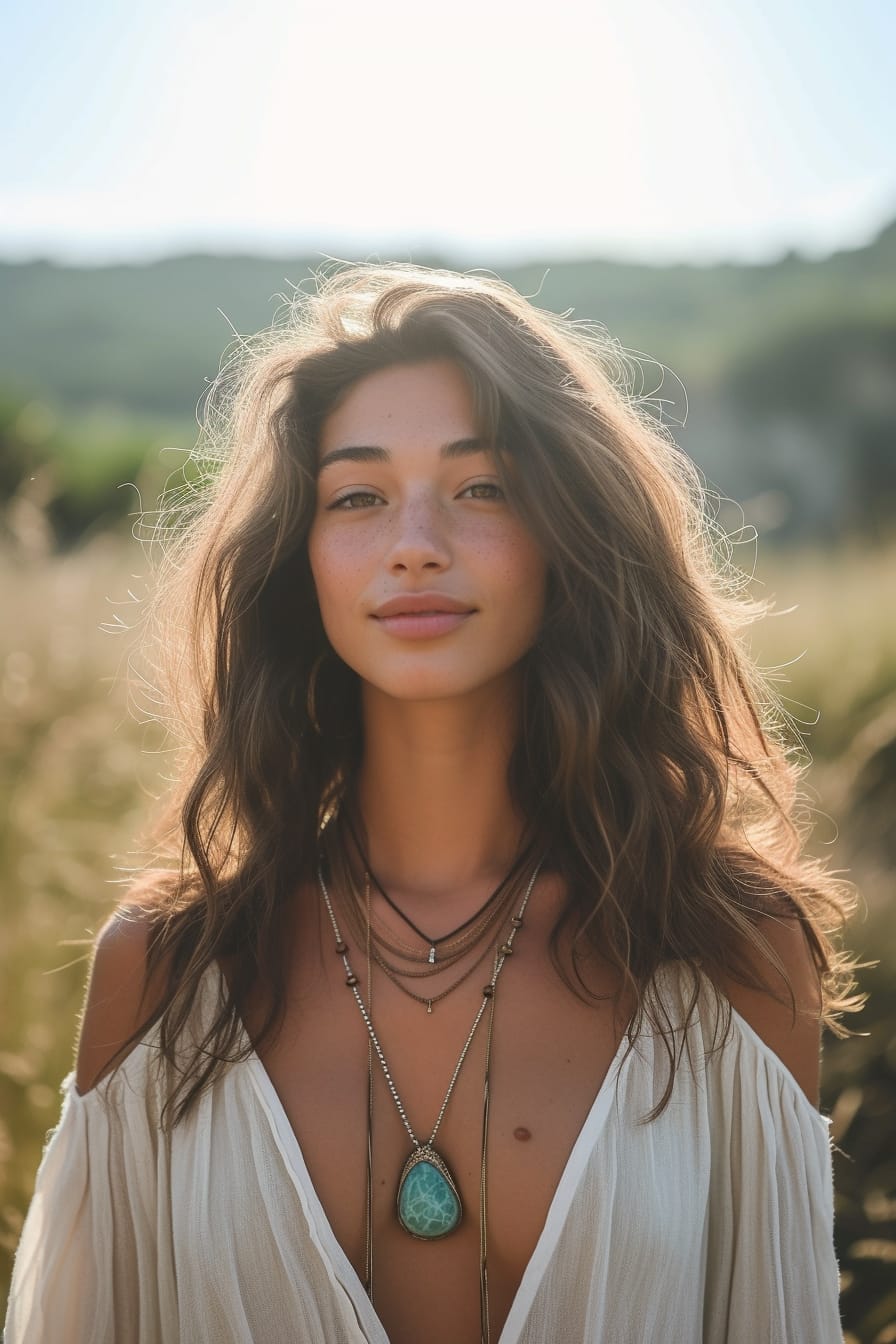  A young woman with a gentle smile, wearing a handcrafted boho pendant made of recycled glass, standing in a serene, natural setting, soft morning light.