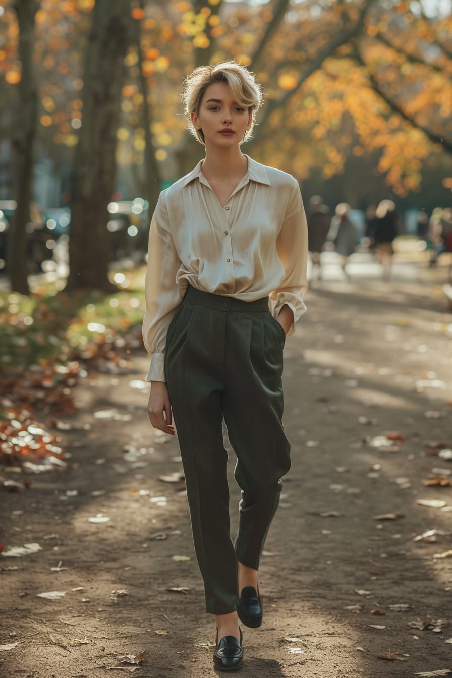  A full-length image of a stylish young woman with short blonde hair, wearing sophisticated black leather loafers, dark green tailored trousers, and a cream silk blouse, walking through a busy urban park, morning light filtering through the trees.