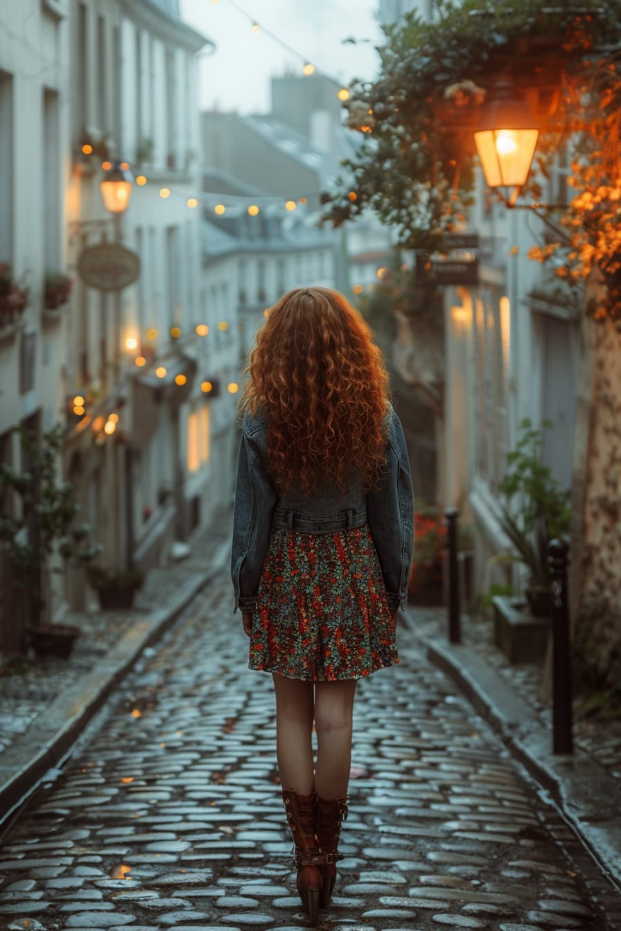  A full-length image of a young woman with curly red hair, wearing chic ankle boots, a knee-length floral dress, and a denim jacket, standing in a narrow, cobblestone alley, soft evening light creating a cozy atmosphere.