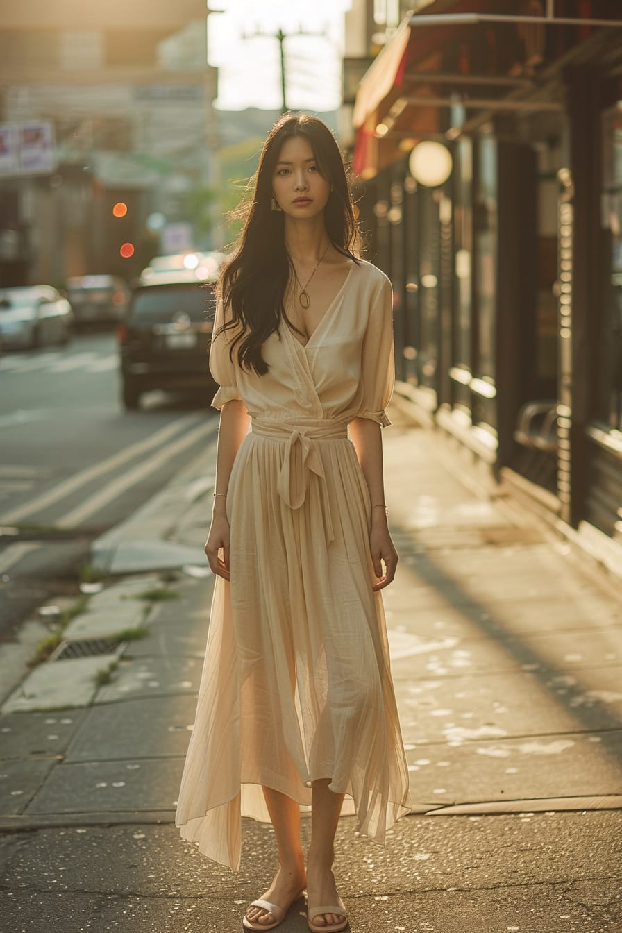  A full-length image of a young woman with long black hair, wearing elegant flat sandals, a flowy midi skirt, and a fitted blouse, standing in a lively urban square, the golden hour light casting a warm glow.