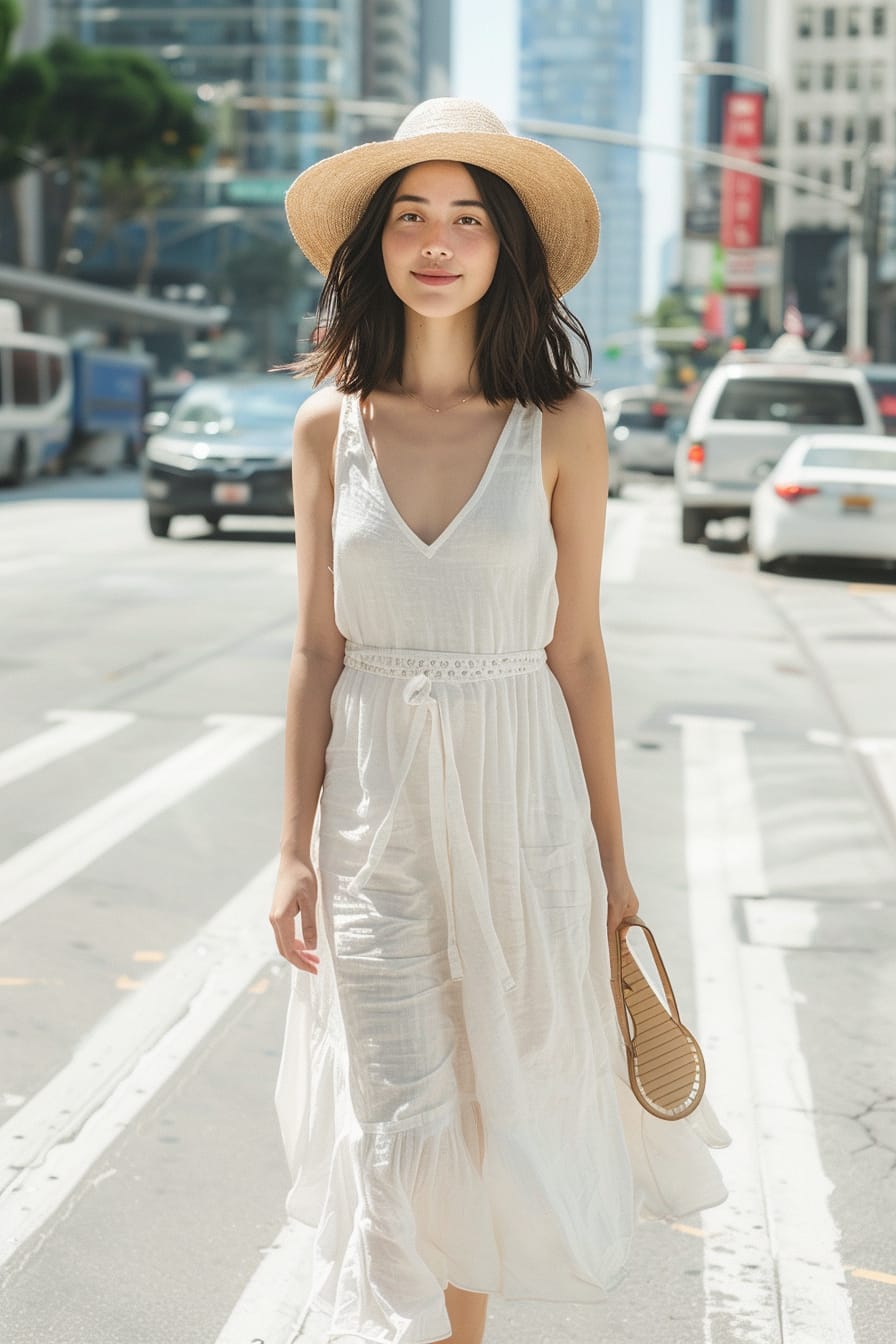  A full-length image of a young woman with dark, shoulder-length hair, wearing comfortable espadrilles, a white linen maxi dress, and a straw hat, walking along a busy city sidewalk, bright midday sun.