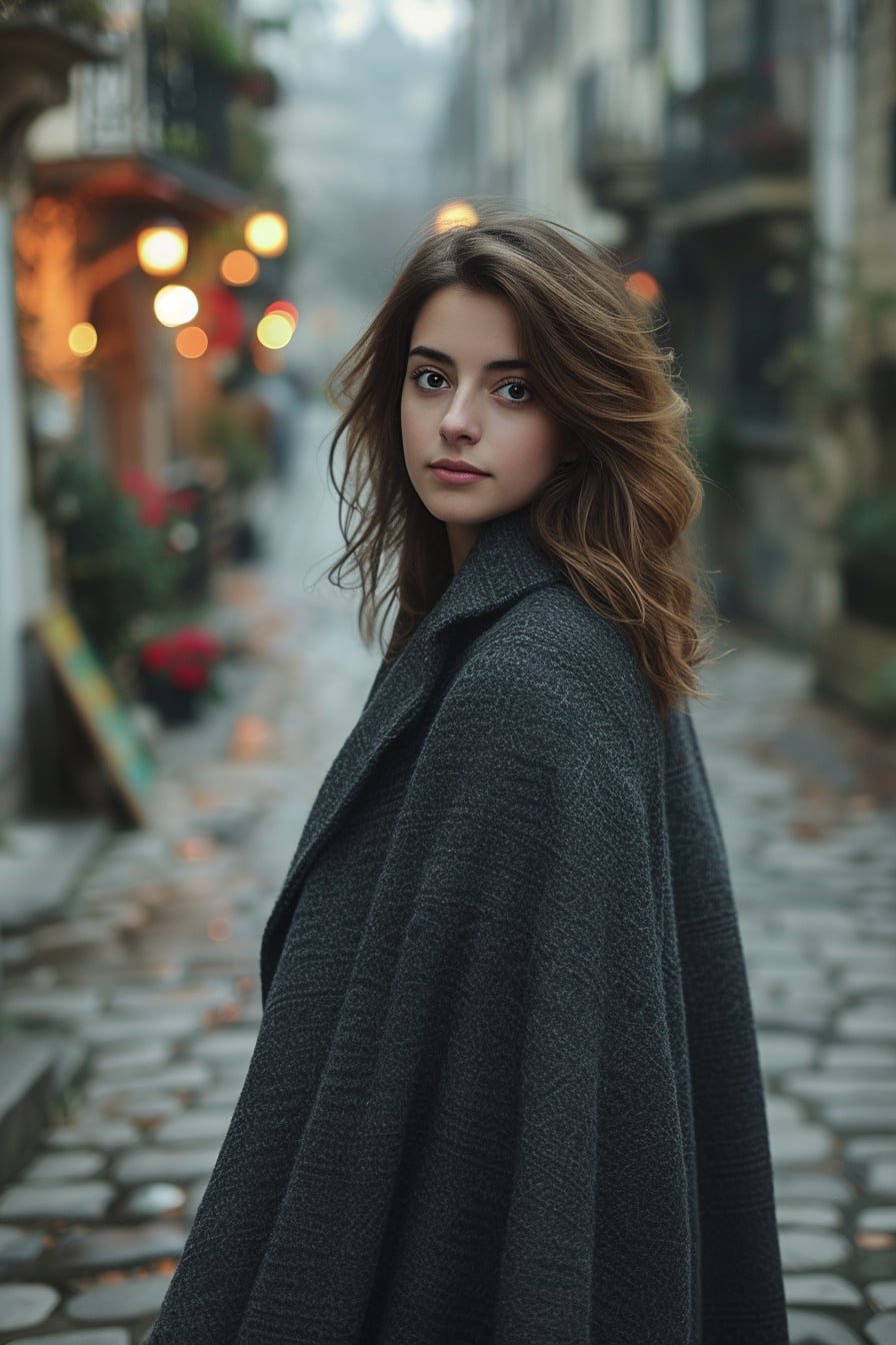  A full-length image of a young woman with wavy chestnut hair, draped in a charcoal gray wool cape, standing on a cobblestone street, early evening, soft lighting.
