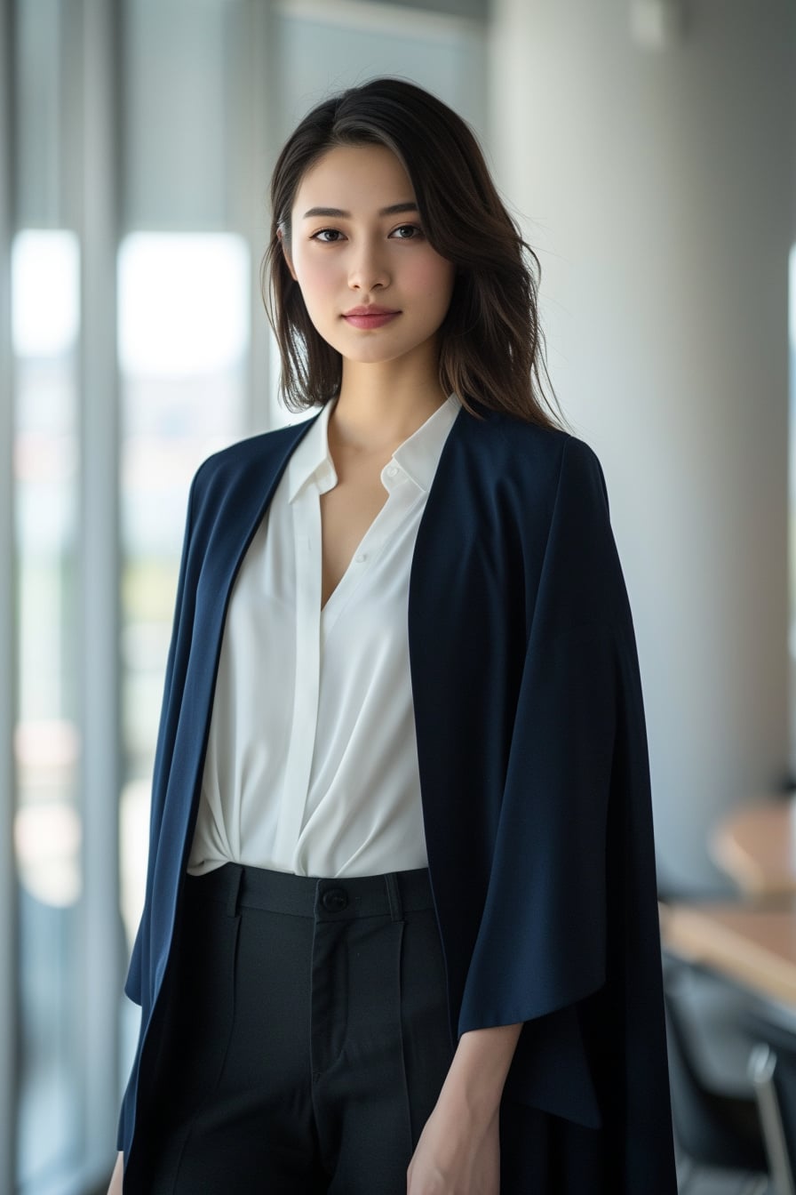 A young woman with sleek black hair, donning a navy blue cape blazer over a white blouse and black trousers, in a bright, modern office setting, morning light.