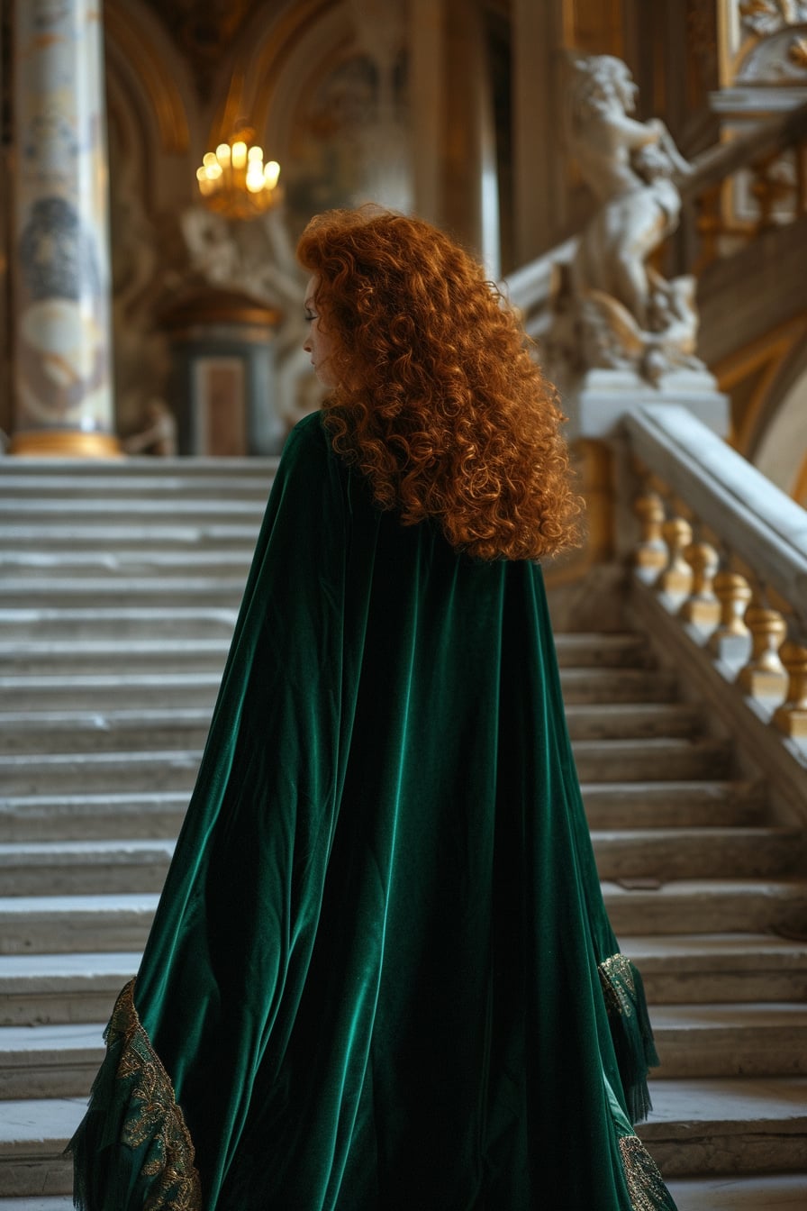 A young woman with curly red hair, enveloped in a long, emerald green velvet cape, standing on a grand staircase, dimly lit, evening.