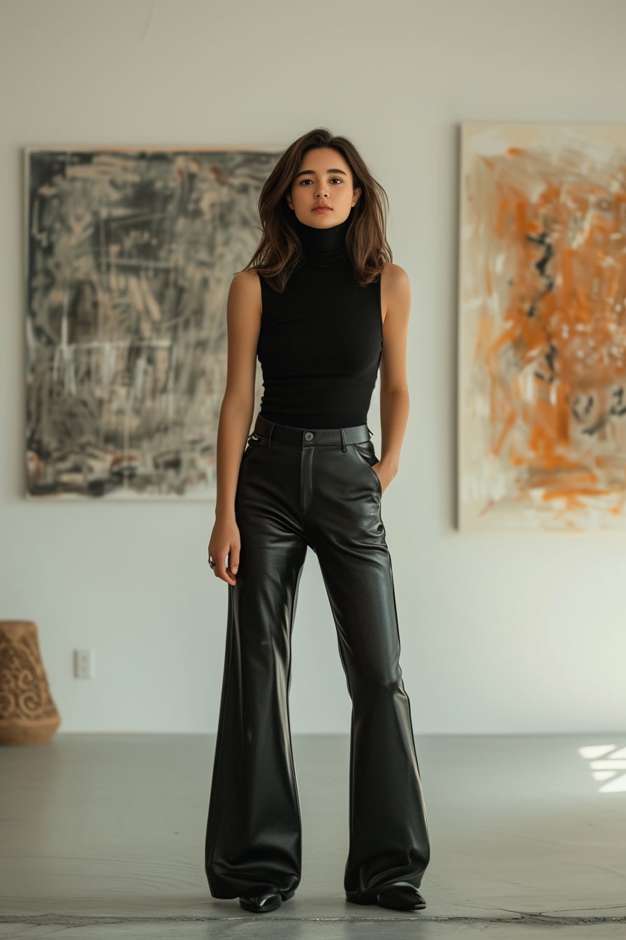  A confident young woman, wearing a sleek, sleeveless turtleneck dress over slim leather pants, in a minimalist art gallery, evening.
