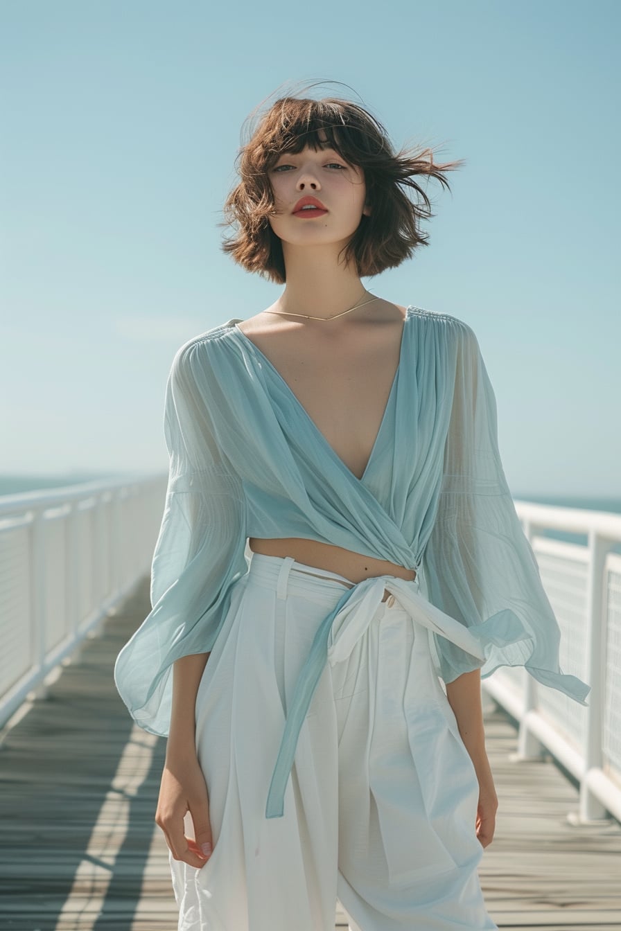  A young woman with a chic bob haircut, wearing a pastel blue, flowy maxi dress over white, fitted trousers, on a breezy beach boardwalk, late afternoon.