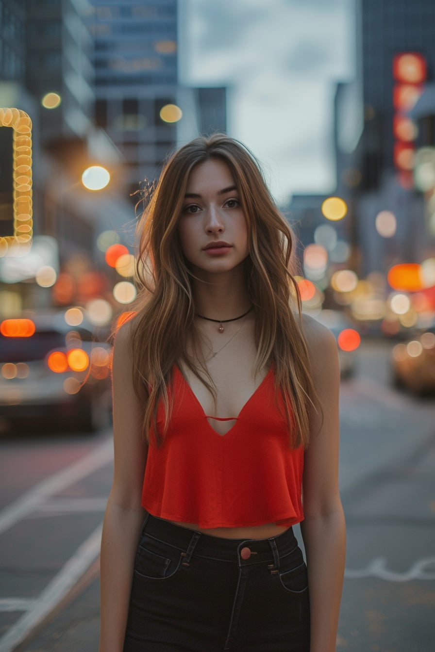  A young woman, exuding confidence, wearing a bold red mini dress over black, skinny jeans, on a vibrant city street at dusk.