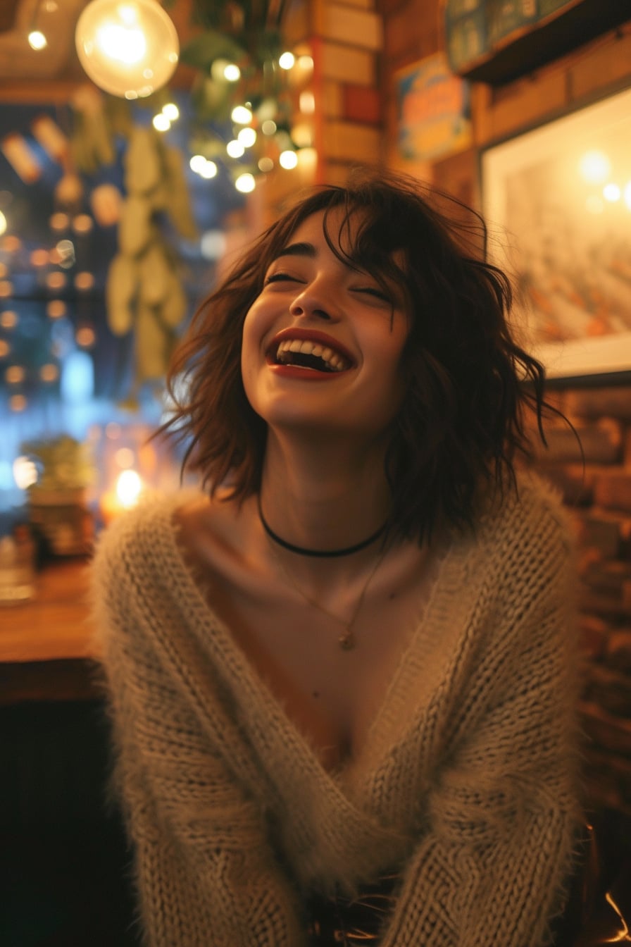  A young woman, laughing, wearing a chunky knit dress over satin wide-leg pants, in a cozy, dimly lit café, evening.