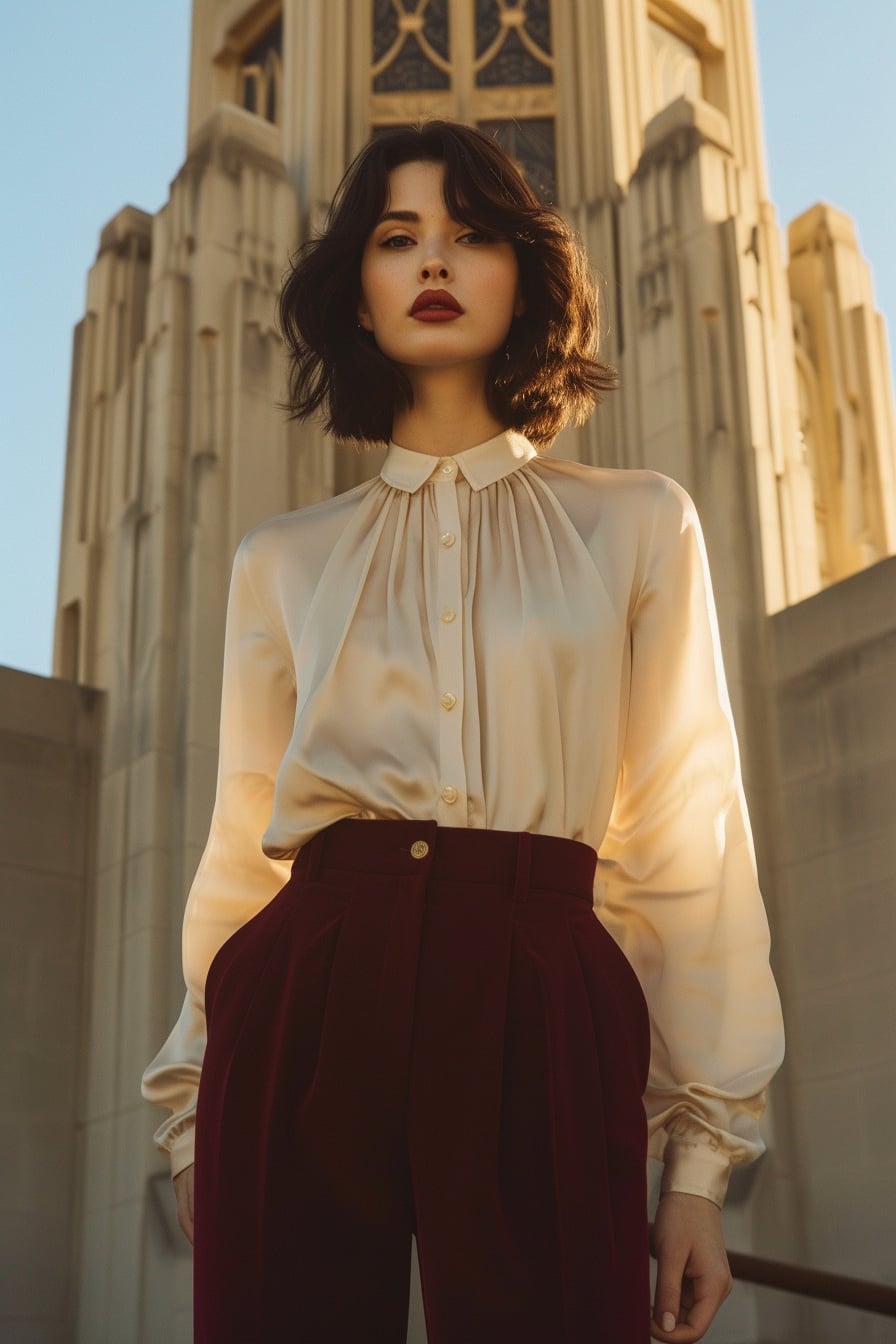  A young woman with sleek black hair, wearing high-waisted, maroon wide-leg trousers and a vintage cream silk blouse, standing in front of an art deco building, the golden hour light accentuating the vintage feel.