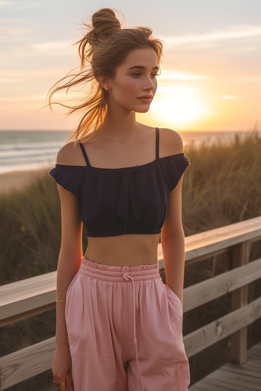  A young woman with light brown hair tied in a loose bun, wearing soft pink wide-leg trousers and a navy blue crop top, walking along a beach boardwalk, the setting sun creating a relaxed and casual atmosphere.