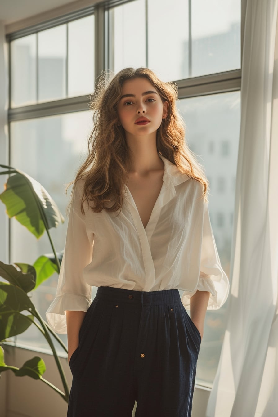  A full-length image of a young woman with wavy brunette hair, wearing high-waisted, navy blue wide-leg trousers, paired with a crisp white blouse, standing in a minimalist, modern apartment, morning light streaming through large windows.