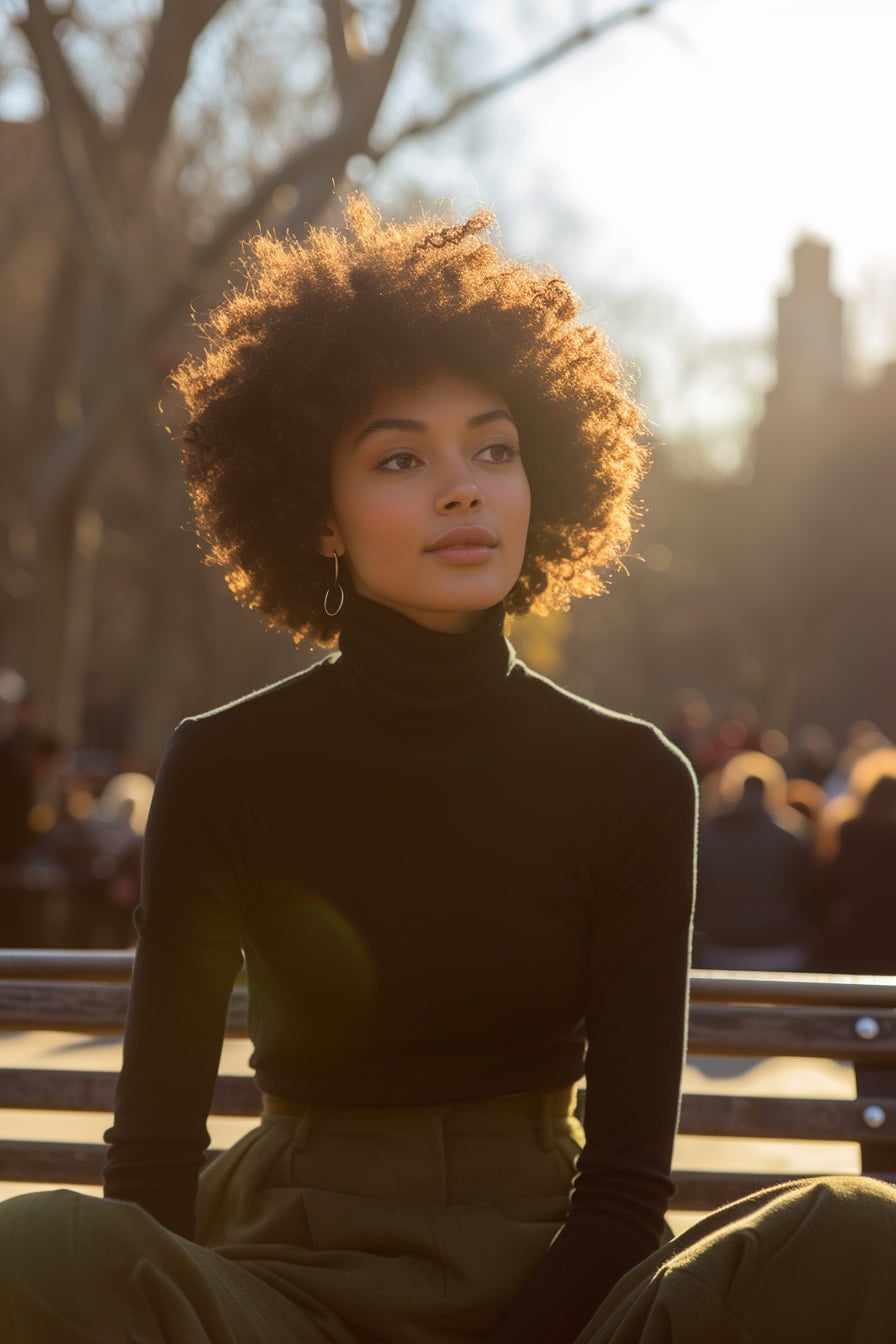  A young woman with short, curly hair, wearing olive green wide-leg trousers and a fitted black turtleneck, casually seated on a bench in a bustling city park, late afternoon sunlight casting a warm glow.