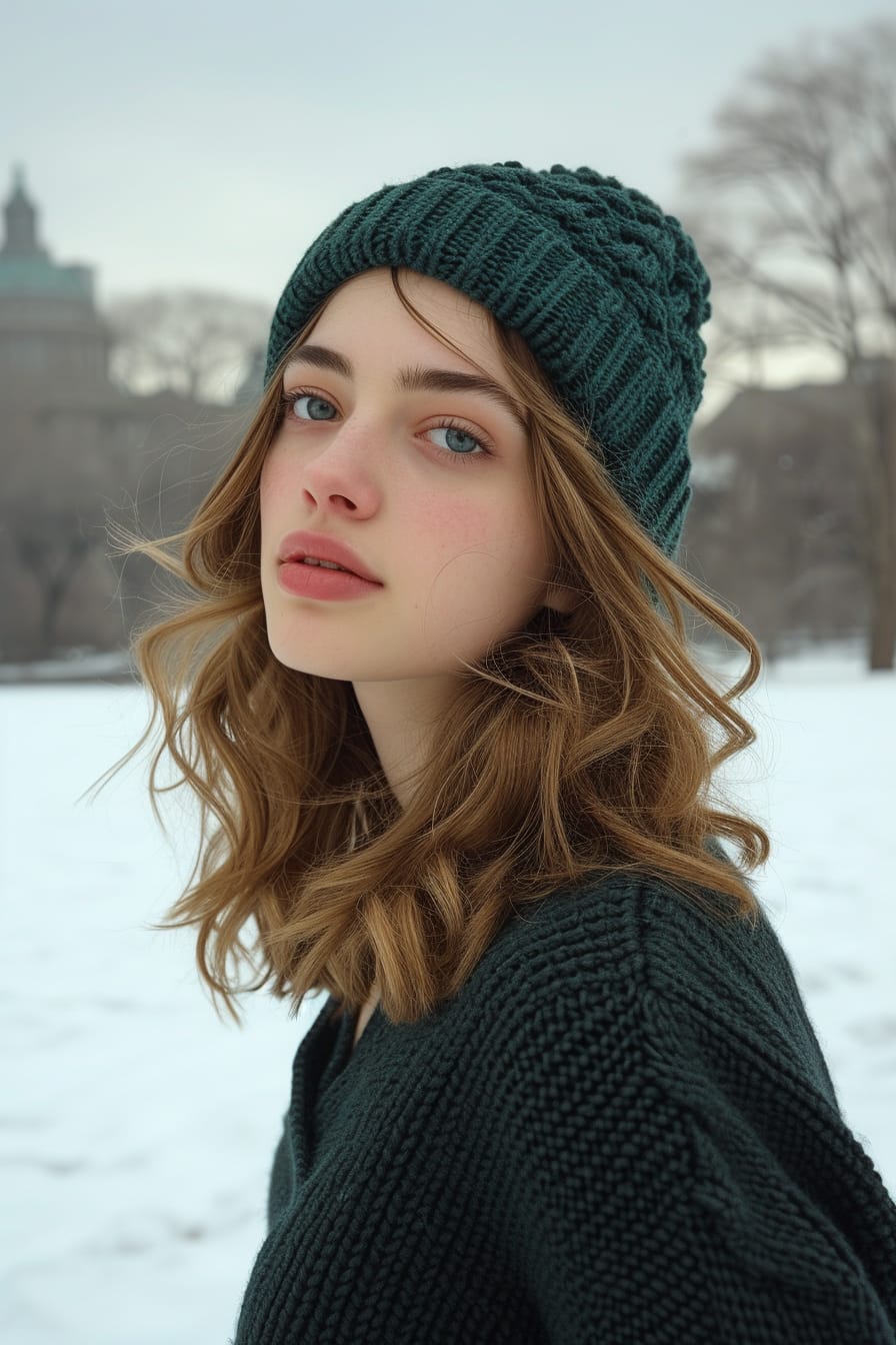  A young woman with soft, wavy hair, wearing a chunky knit beanie in a deep emerald green, standing in a snowy park, late afternoon light.