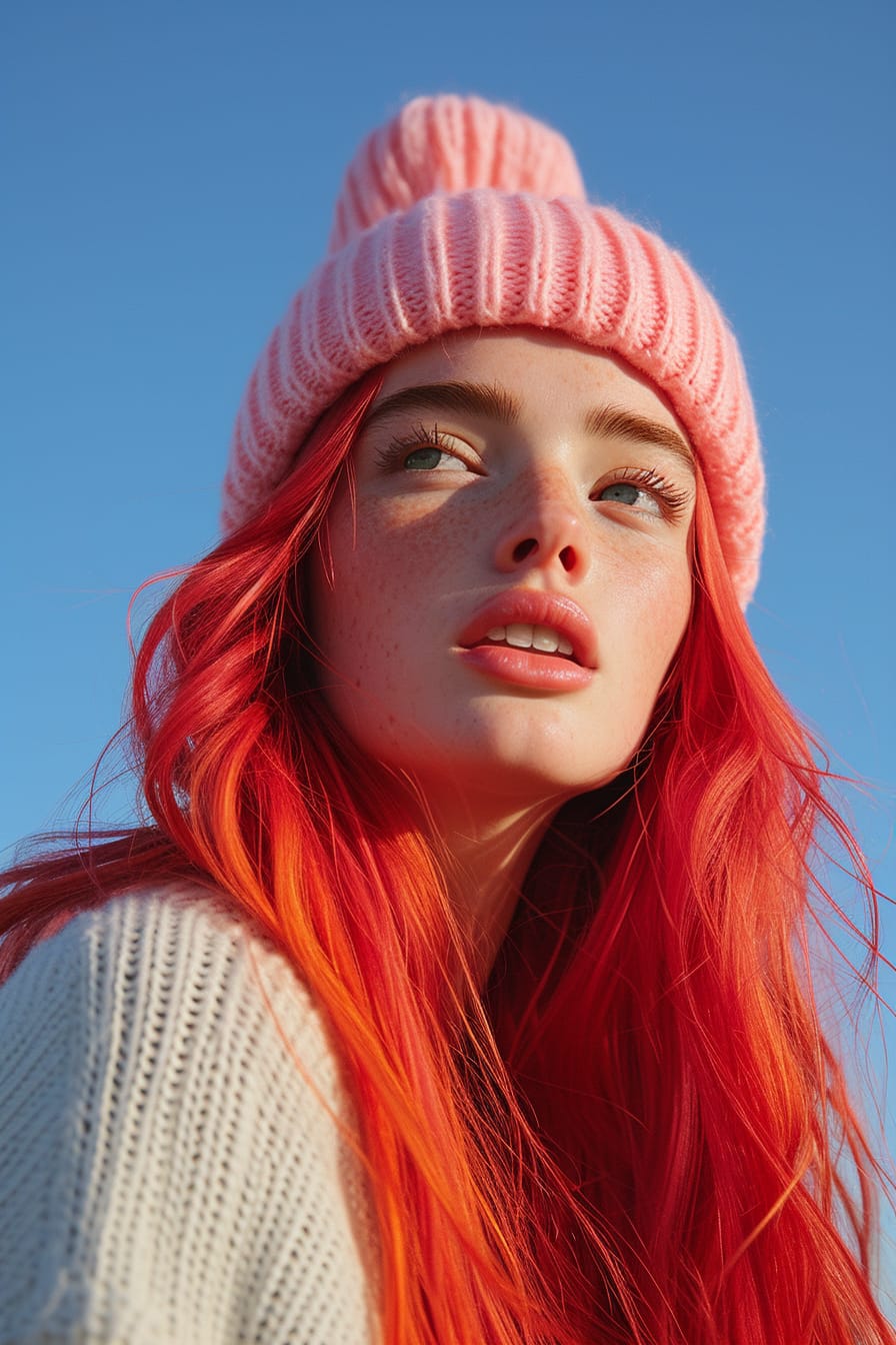 A young woman with vibrant red hair, wearing a soft, pastel pink beanie, clear blue sky in the background, morning light.