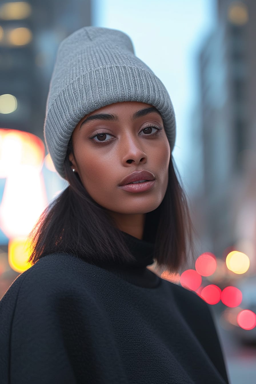  A young woman with sleek, straight hair, wearing a beanie in a delicate, fine knit texture, in a soft gray color, against a blurred city background, evening light.