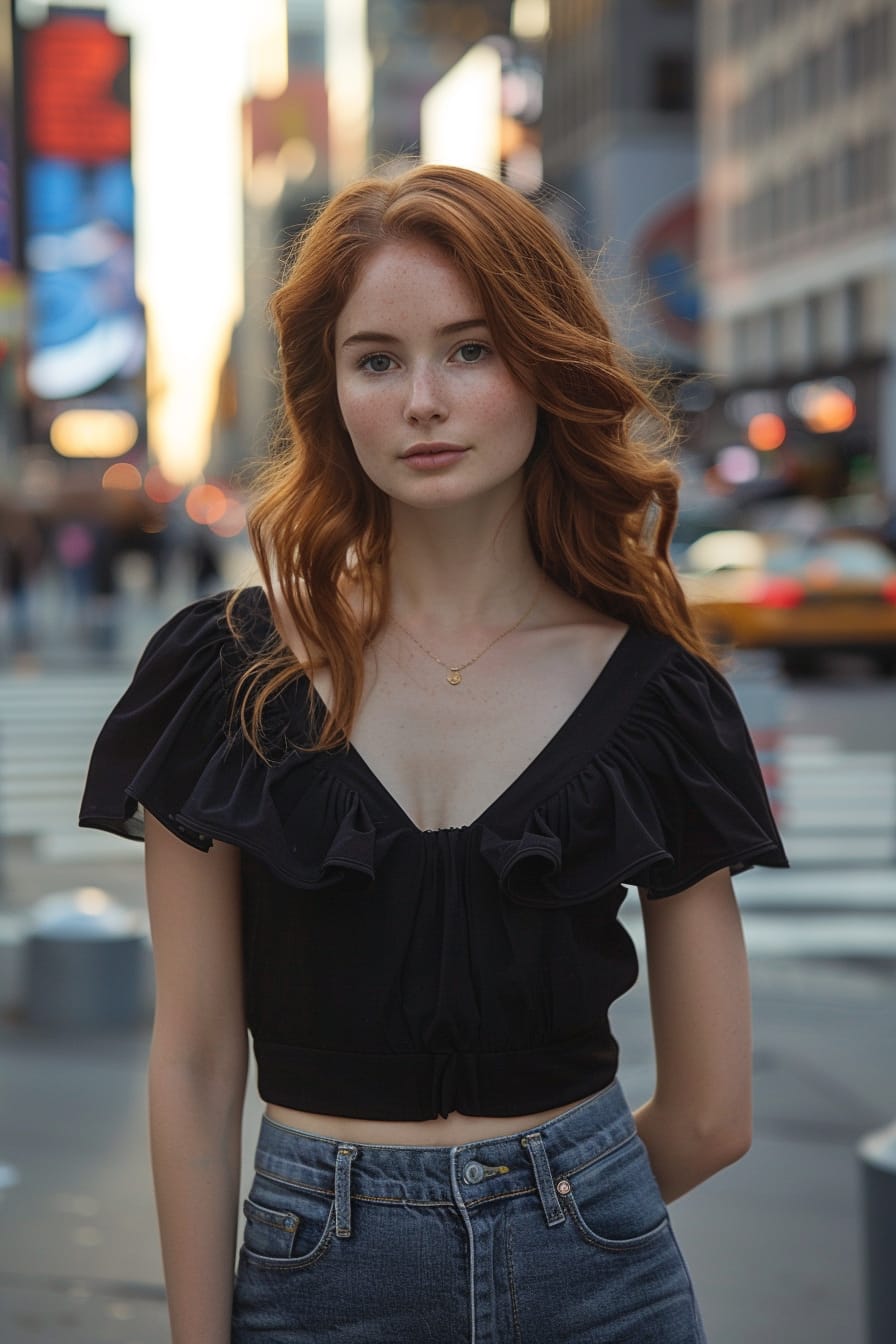  A full-length image of a young woman with wavy chestnut hair, wearing a classic black peplum top paired with slim-fit jeans, standing on a bustling city street, early evening.