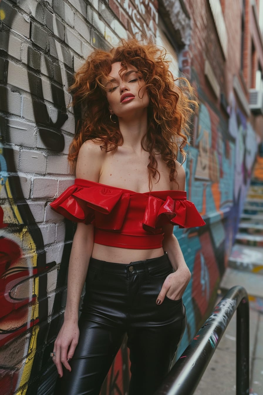 A full-length image of a young woman with curly red hair, wearing a bold red peplum top and black leather pants, leaning against a graffiti-covered wall in an urban alley, afternoon.