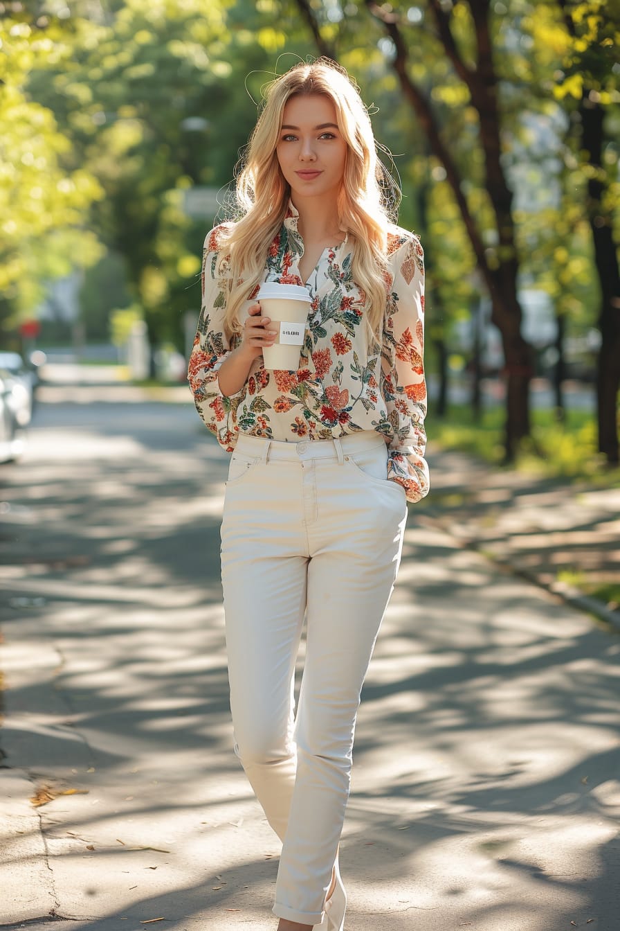  A full-length image of a young woman with sleek blonde hair, wearing a floral peplum blouse and white trousers, holding a coffee cup, walking through a city park, late morning.