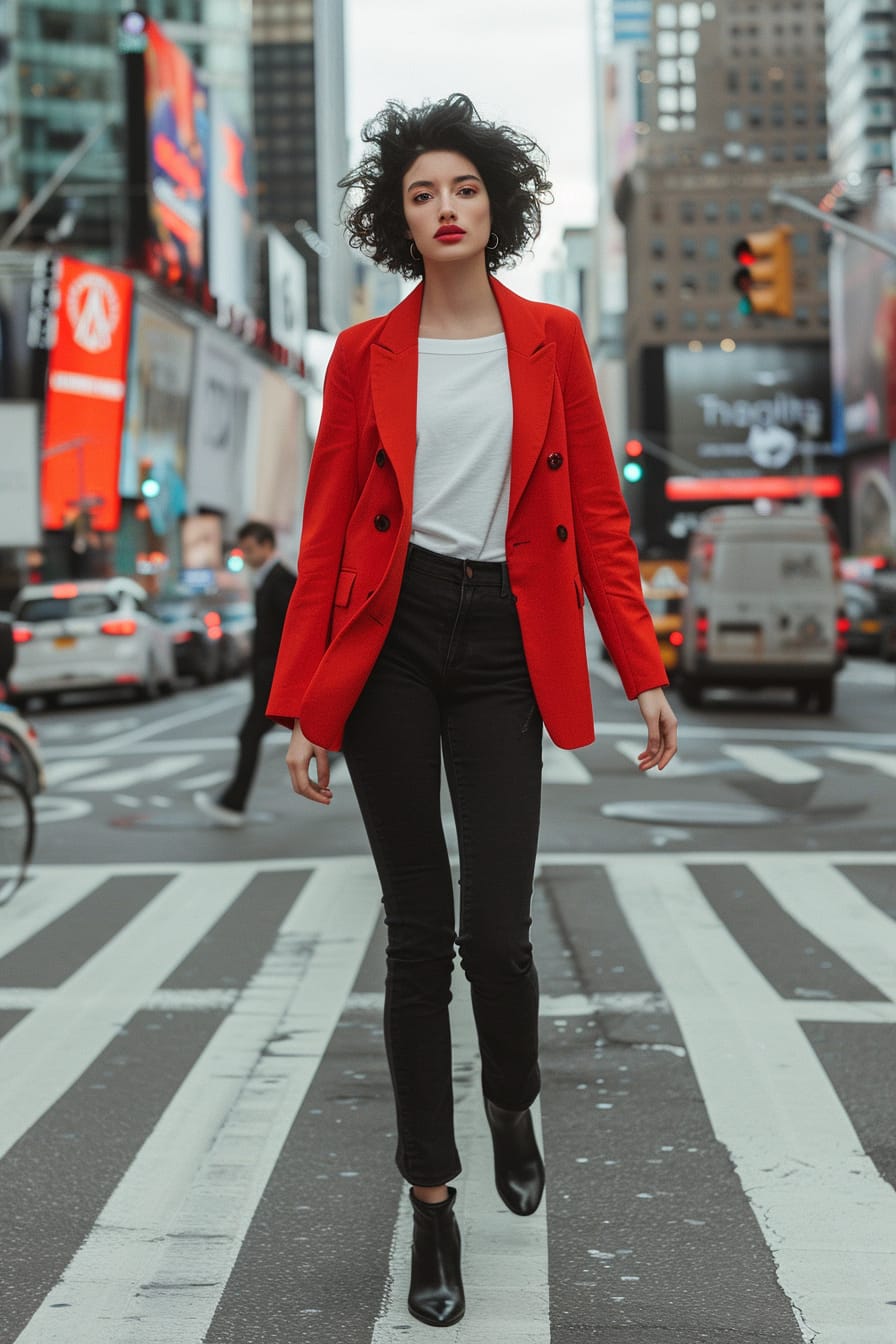 A full-length image of a confident young woman with short black hair, wearing a bright red blazer, classic white tee, and black skinny jeans, crossing a busy city intersection, midday.