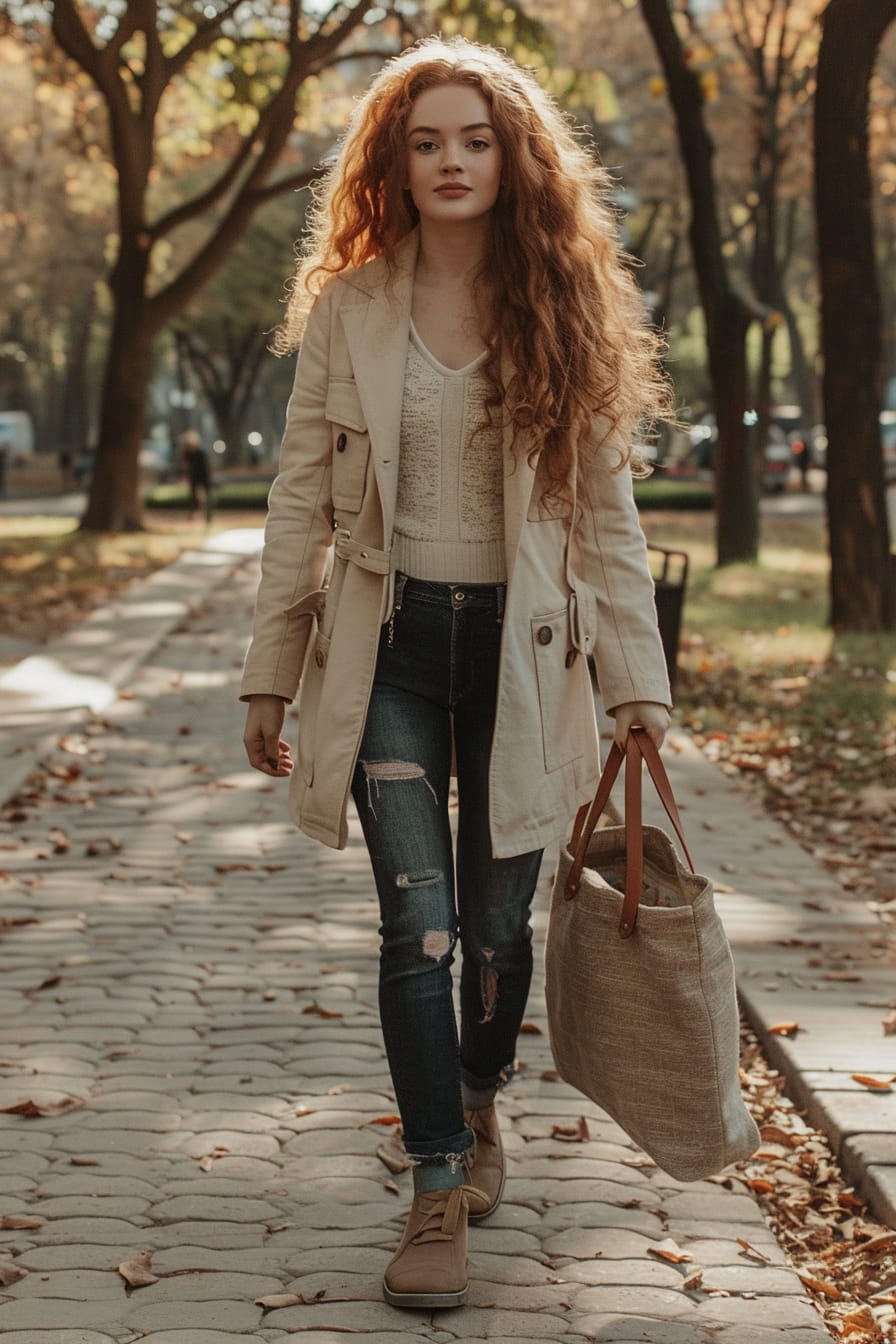 A full-length image of an elegant young woman with long, curly red hair, wearing a cream-colored blazer, dark wash skinny jeans, and holding a tan leather tote bag, walking through a city park, late morning.