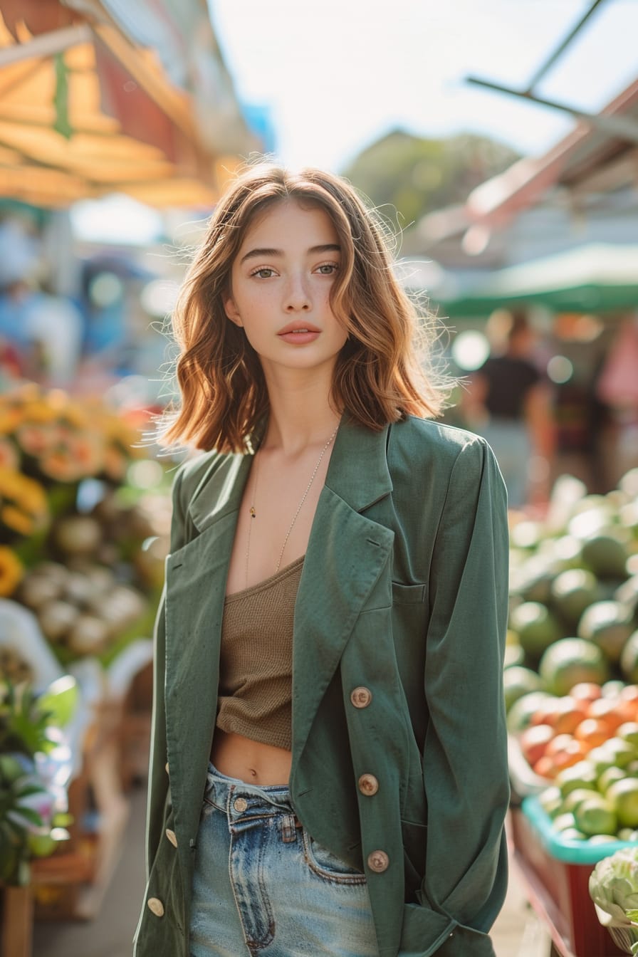 A full-length image of a radiant young woman with medium-length light brown hair, wearing a green, tailored blazer, and eco-friendly light wash jeans, browsing an outdoor market, sunny afternoon.