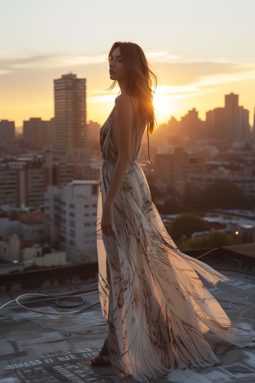  A side profile of a young woman on a city rooftop at sunset, wearing a flowing, sheer dress with a pattern that mimics the urban skyline, symbolizing the blend of strength and femininity.