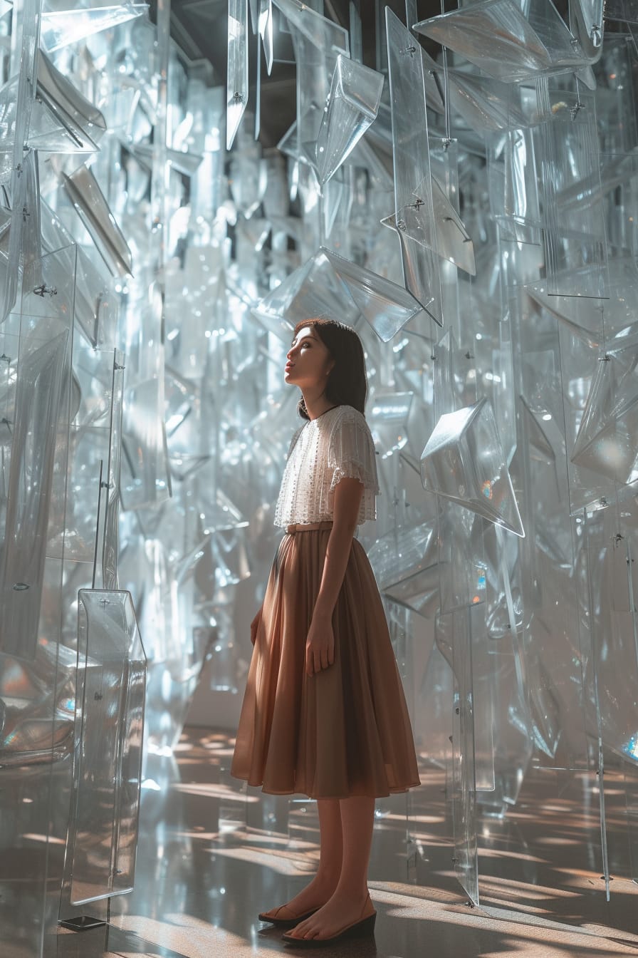  A young woman standing in front of a modern art installation, wearing a dress with strategic sheer panels that play with the concept of visibility and invisibility, reflecting the idea of breaking barriers.