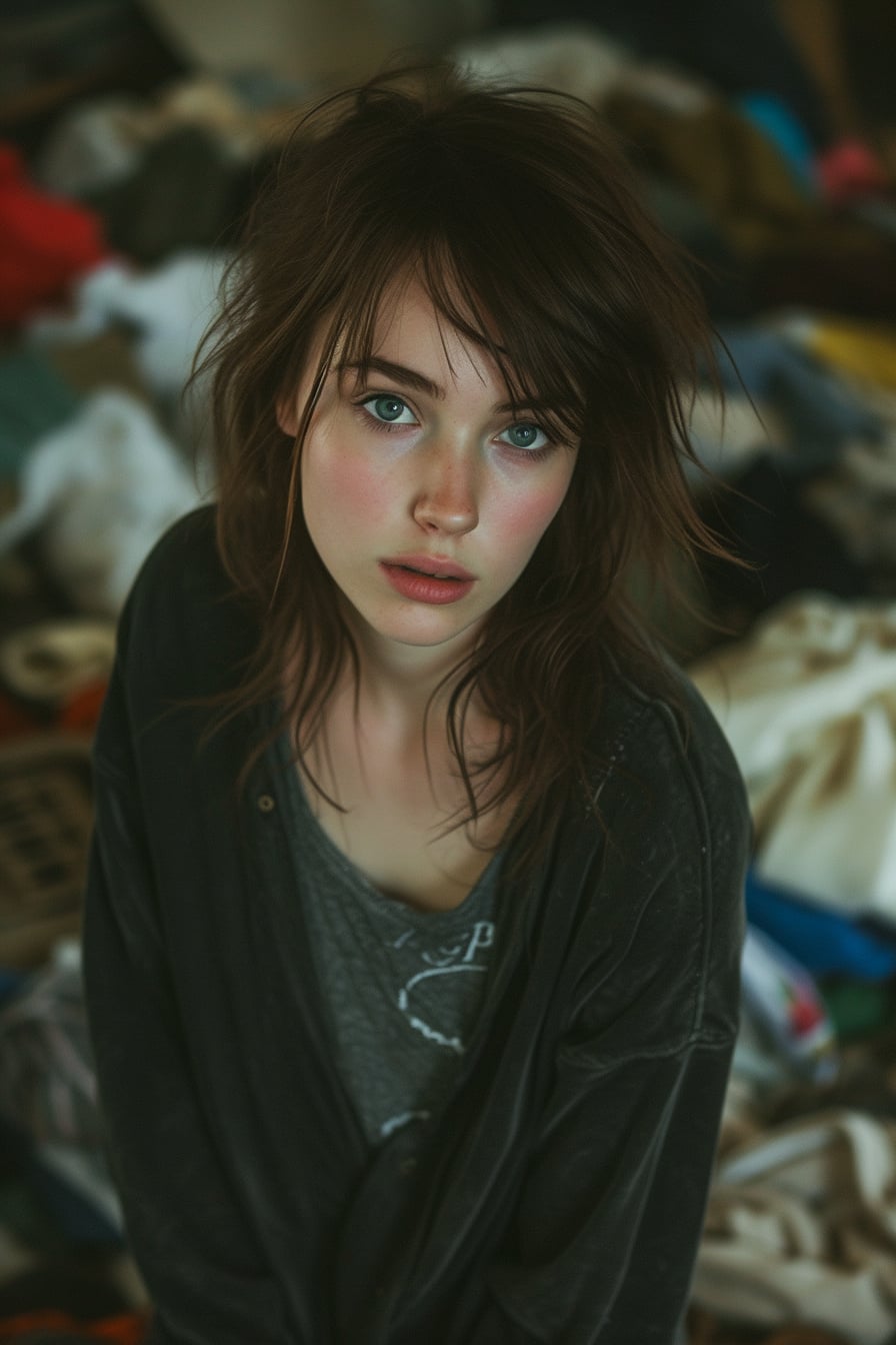  A young woman with thoughtful expression, standing amidst a clutter of discarded clothes, soft focus on her face, dimly lit room.