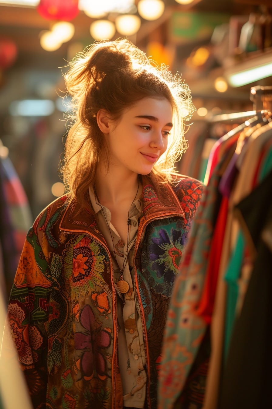  A radiant young woman in a vibrant, patterned vintage jacket, browsing through racks of clothes in a sunlit thrift store.