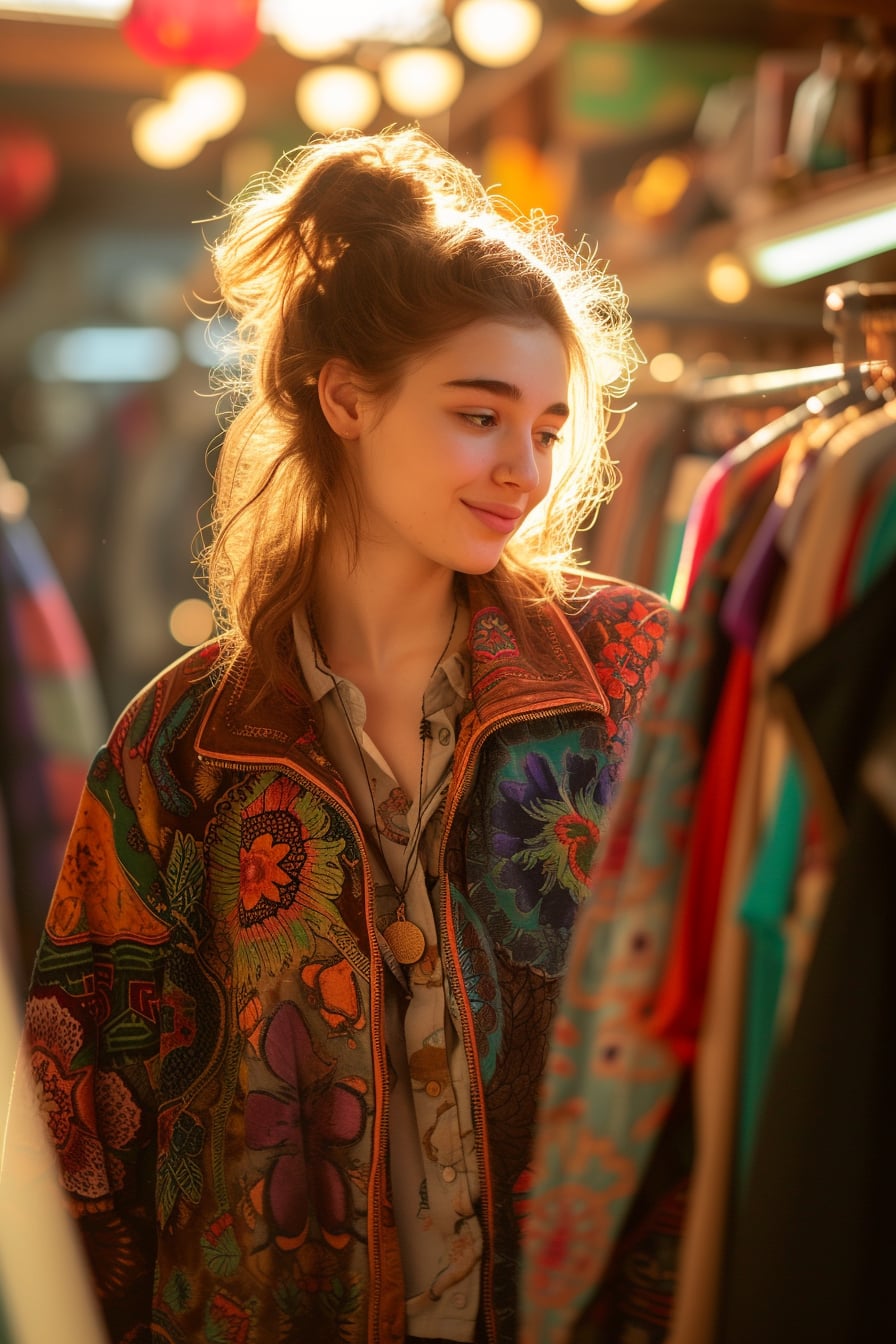 A radiant young woman in a vibrant, patterned vintage jacket, browsing through racks of clothes in a sunlit thrift store.