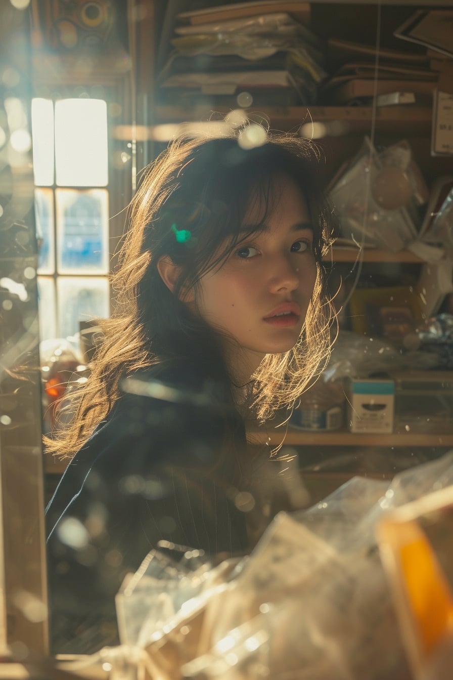  A young woman with a determined look, sifting through a cluttered thrift store, early morning light streaming through the window.