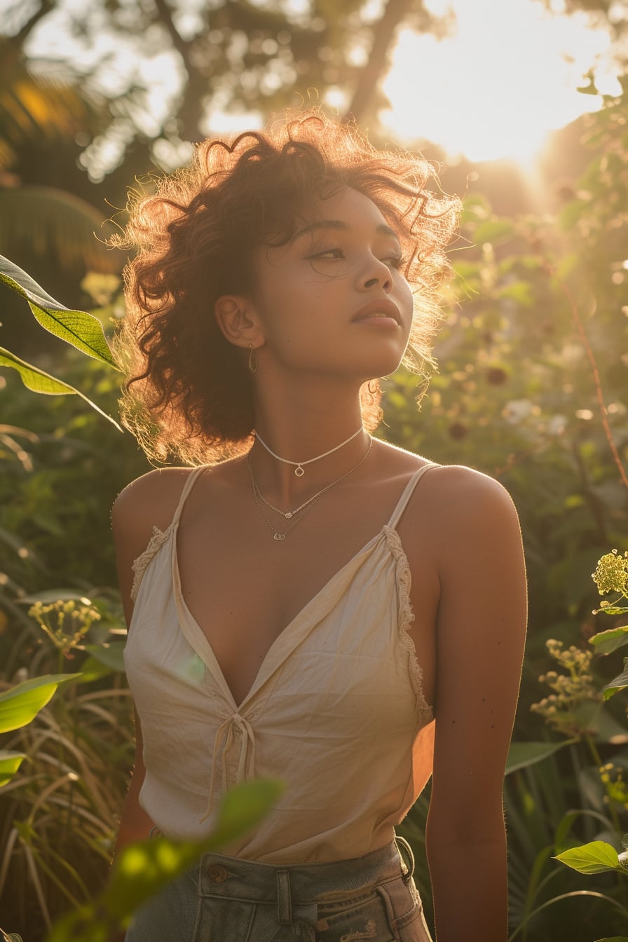  A young woman in a chic, upcycled outfit, standing confidently in a lush garden, golden hour light casting a warm glow.