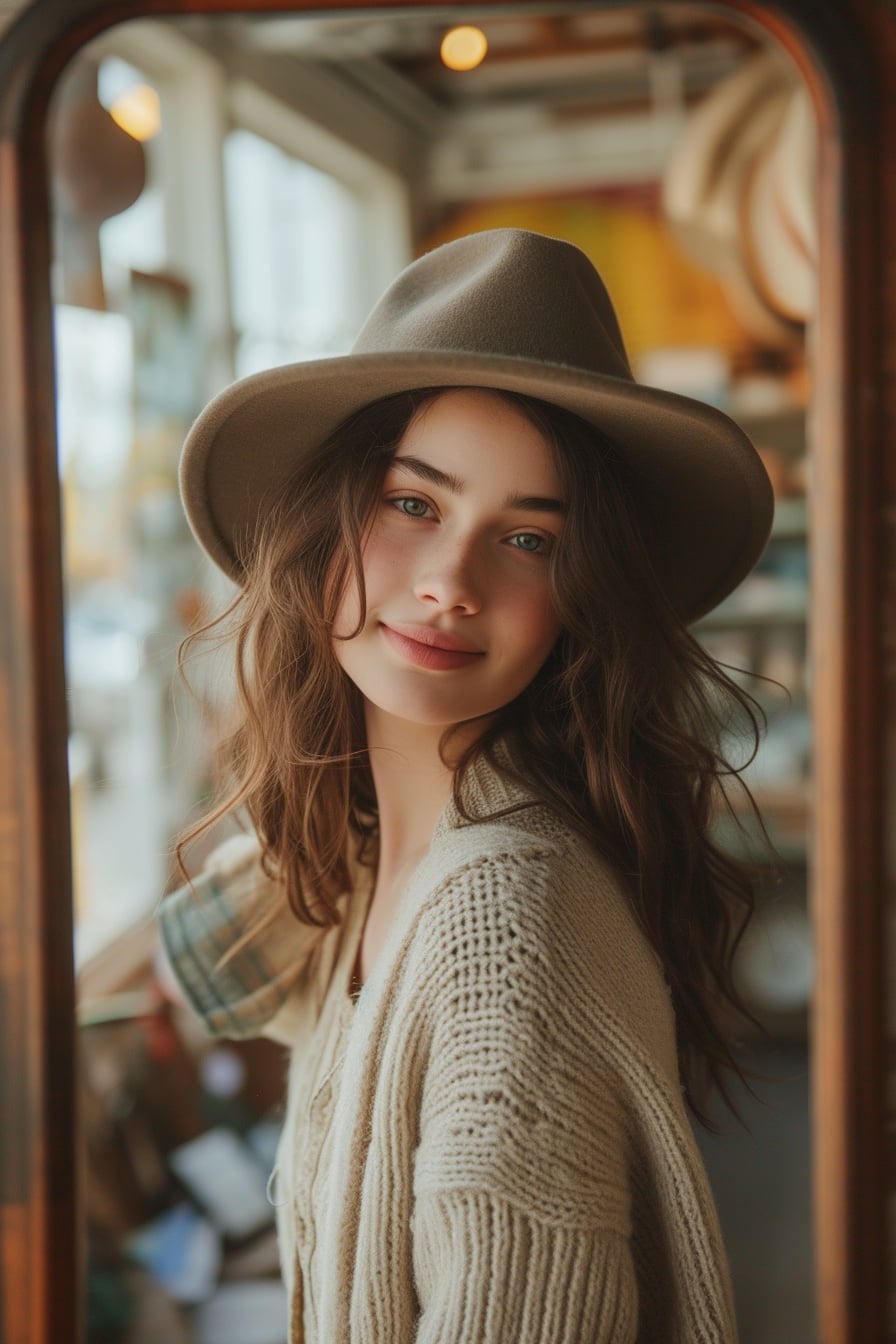 A young woman, smiling as she tries on a classic, elegant hat in front of a mirror in a thrift store, soft afternoon light enhancing the warm ambiance.