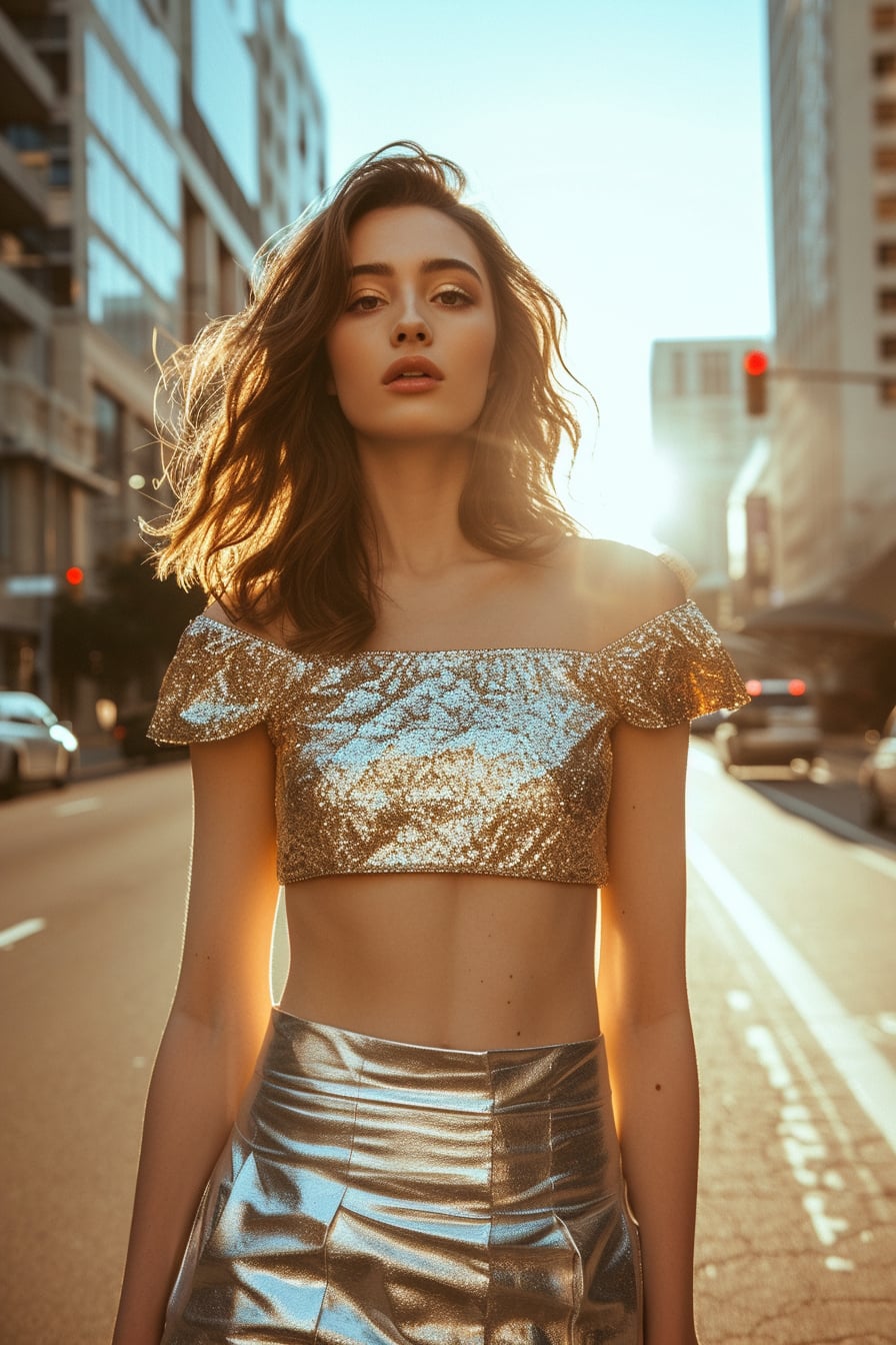  A full-length image of a young woman with wavy brunette hair, wearing a metallic silver skirt paired with a gold sequin top, standing on a city street, morning light.