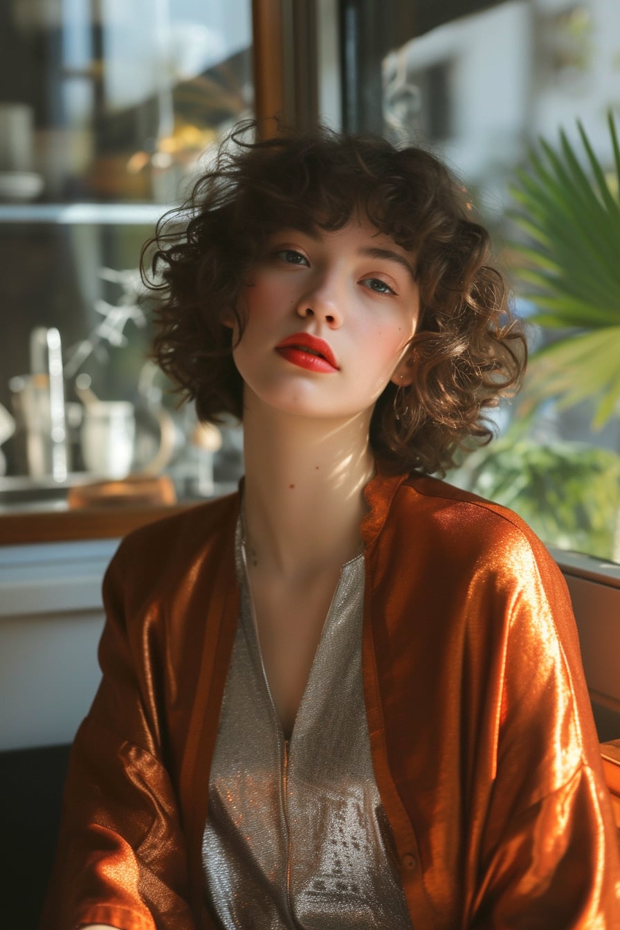  A young woman with short curly hair, wearing a metallic copper jacket over a metallic silver dress, casually seated at a café terrace, soft morning light.