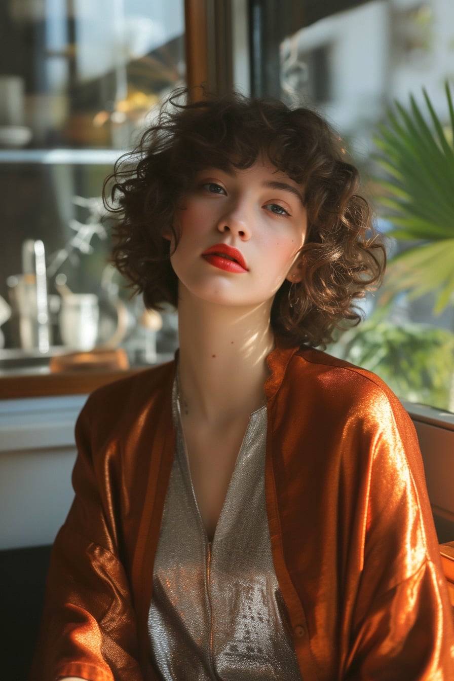 A young woman with short curly hair, wearing a metallic copper jacket over a metallic silver dress, casually seated at a café terrace, soft morning light.