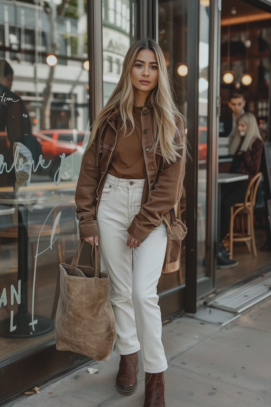  A full-length image of a young woman with long, straight blonde hair, wearing crisp, white wide-legged trousers and dark brown, leather Chelsea boots. She's holding a large, tan leather tote bag and standing outside a modern café, with people walking by in the background.