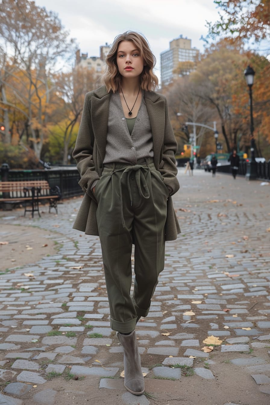 A full-length image of a young woman with medium-length light brown hair, wearing olive green, ankle-length trousers and soft grey, suede ankle boots. She's walking through a city park, with trees in early autumn colors in the background and a soft, overcast sky above.