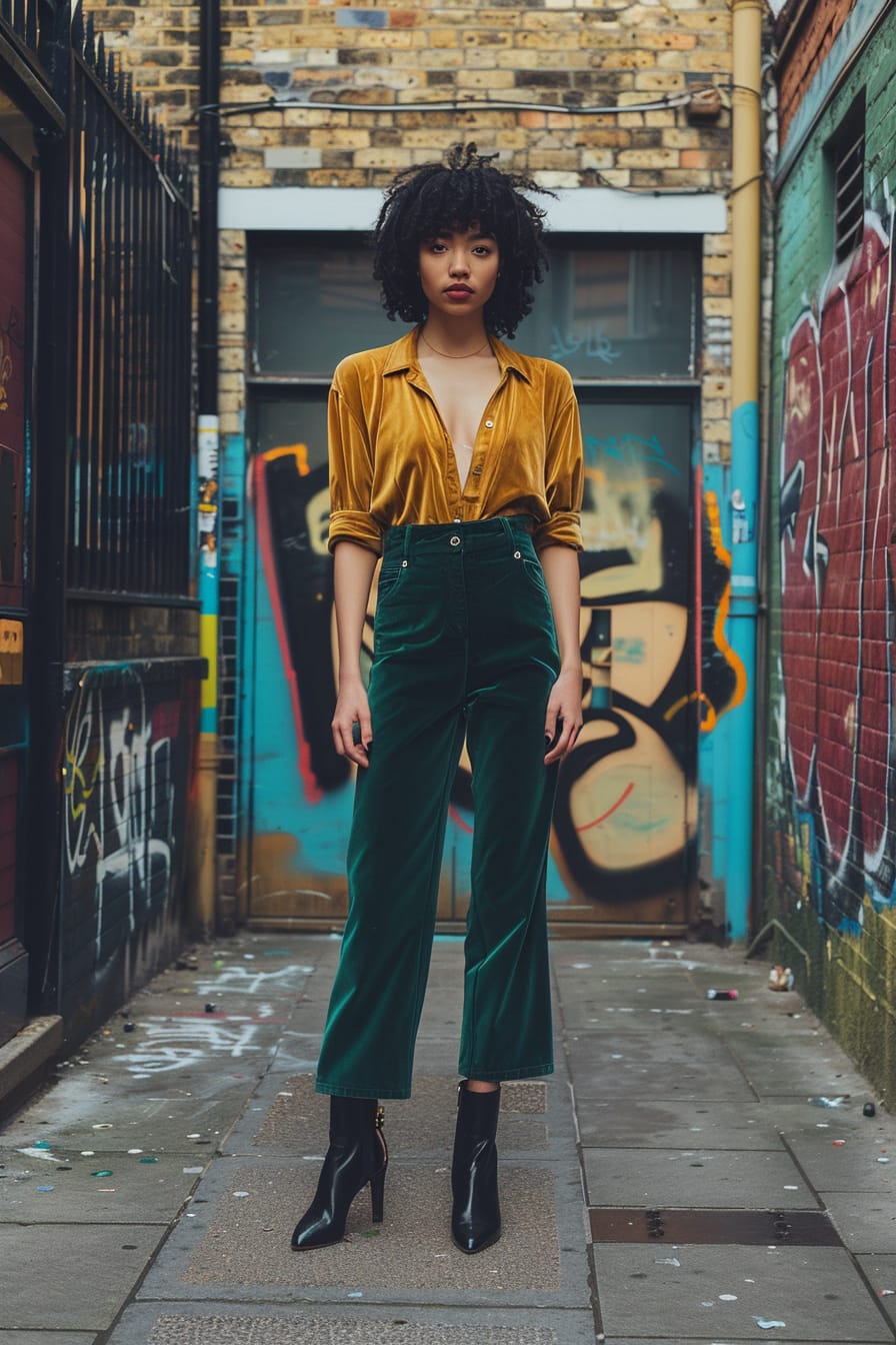  A full-length image of a young woman with short, curly black hair, wearing emerald green, velvet trousers and matte black, leather ankle boots. She's standing in front of a graffiti-covered wall in an urban alley, under the bright, midday sun.